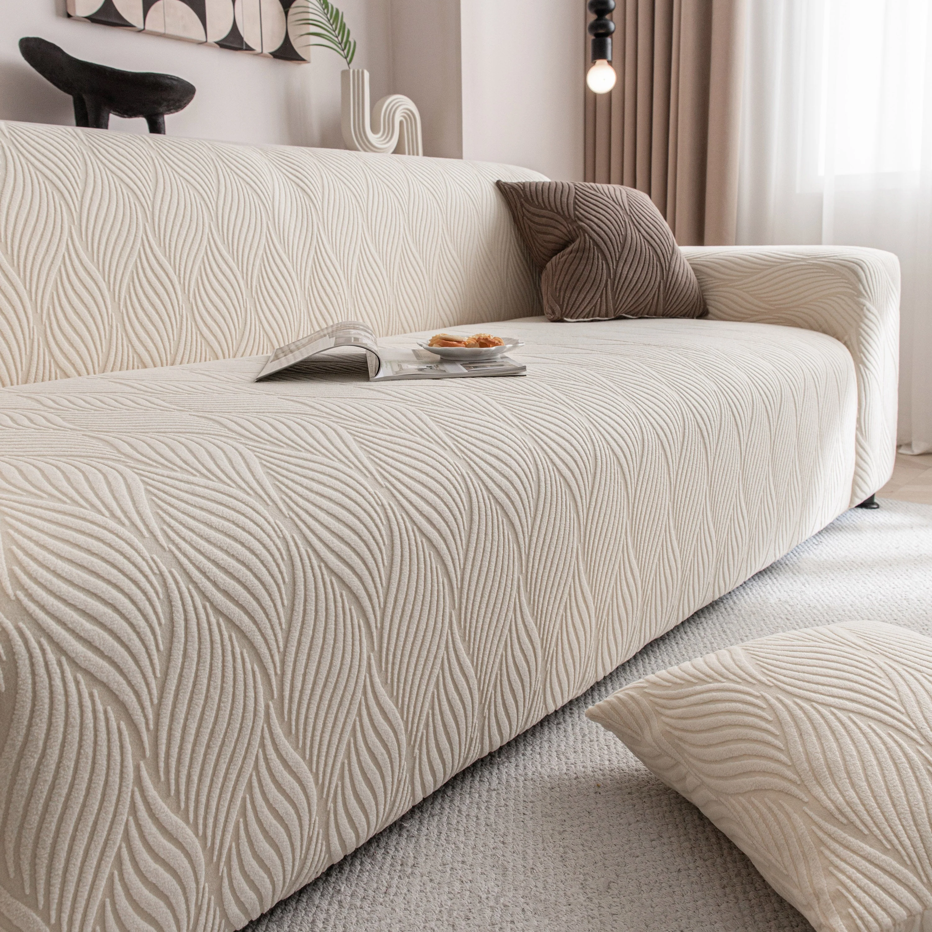 Modern Wavy Jacquard Sofa Slipcover, High Stretch Sofa Cover with 3D Organic Texture - Image 30