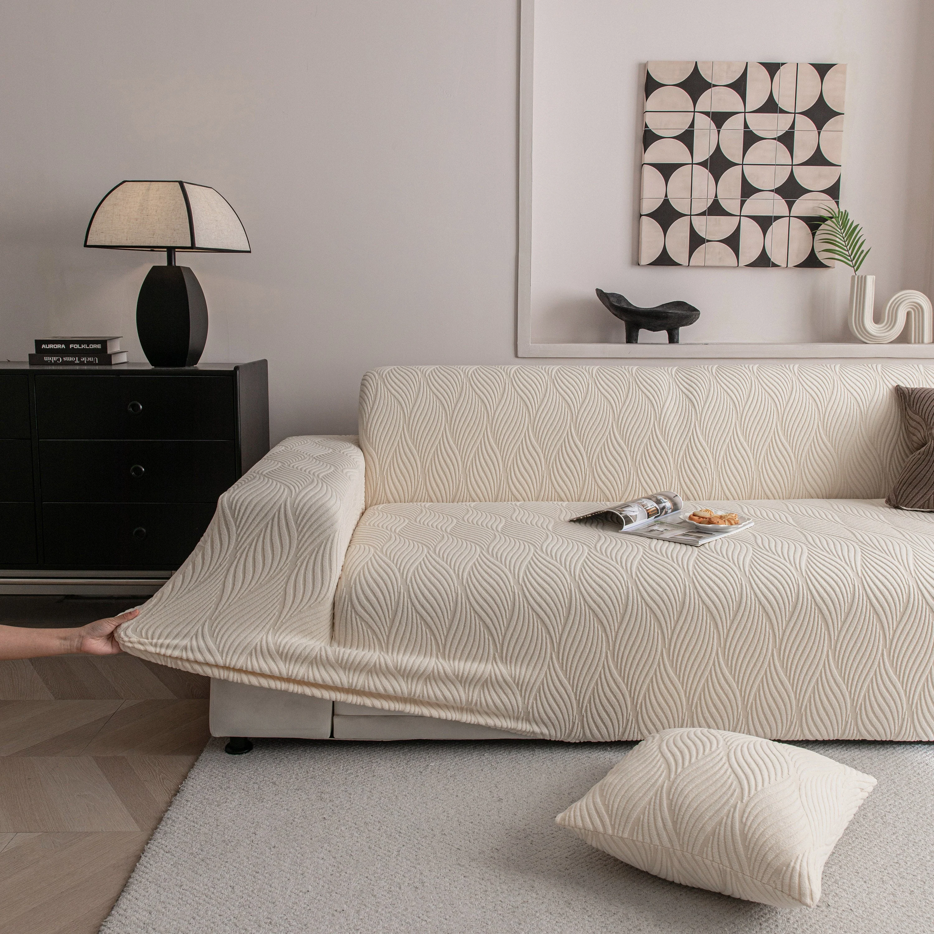 Modern Wavy Jacquard Sofa Slipcover, High Stretch Sofa Cover with 3D Organic Texture - Image 32