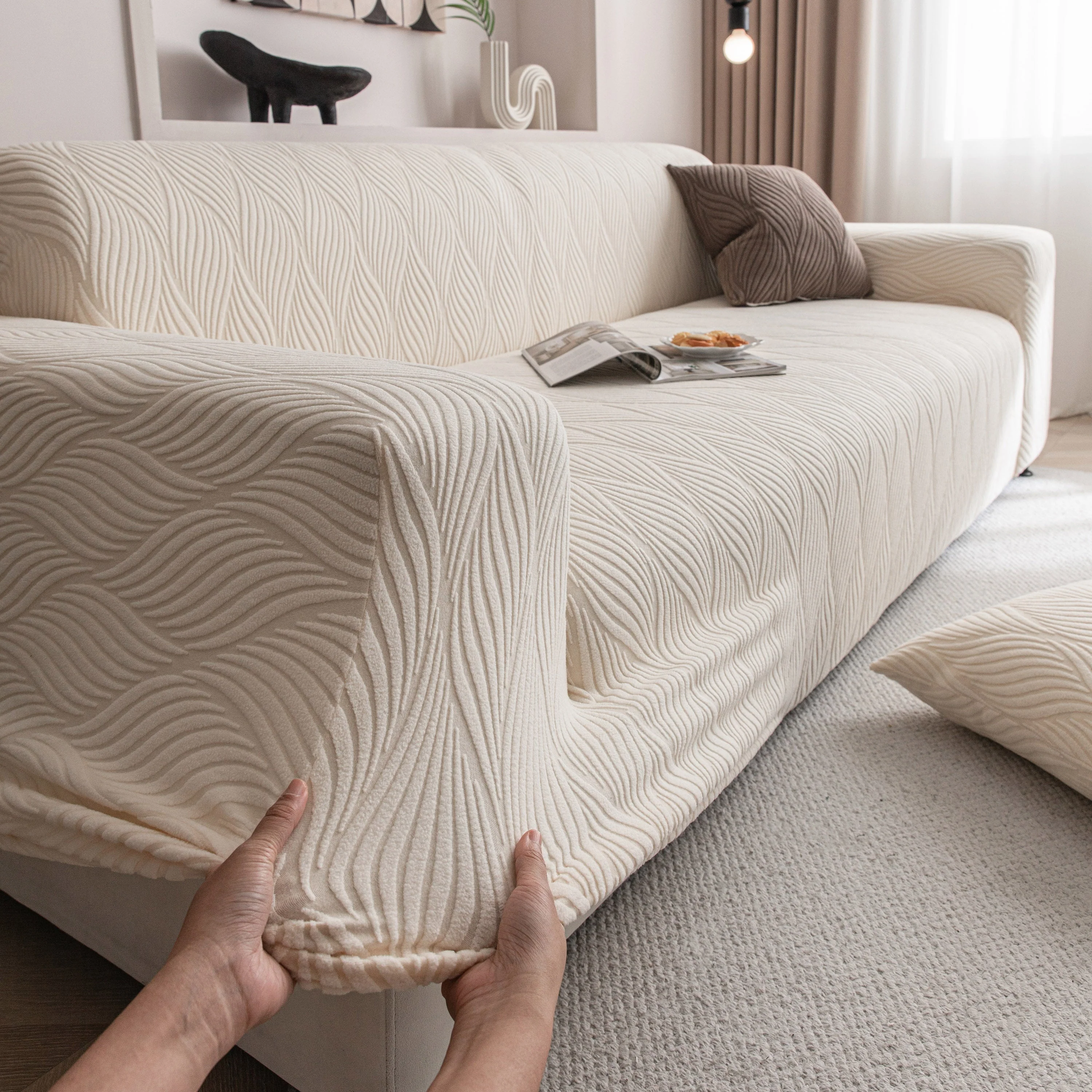 Modern Wavy Jacquard Sofa Slipcover, High Stretch Sofa Cover with 3D Organic Texture - Image 33