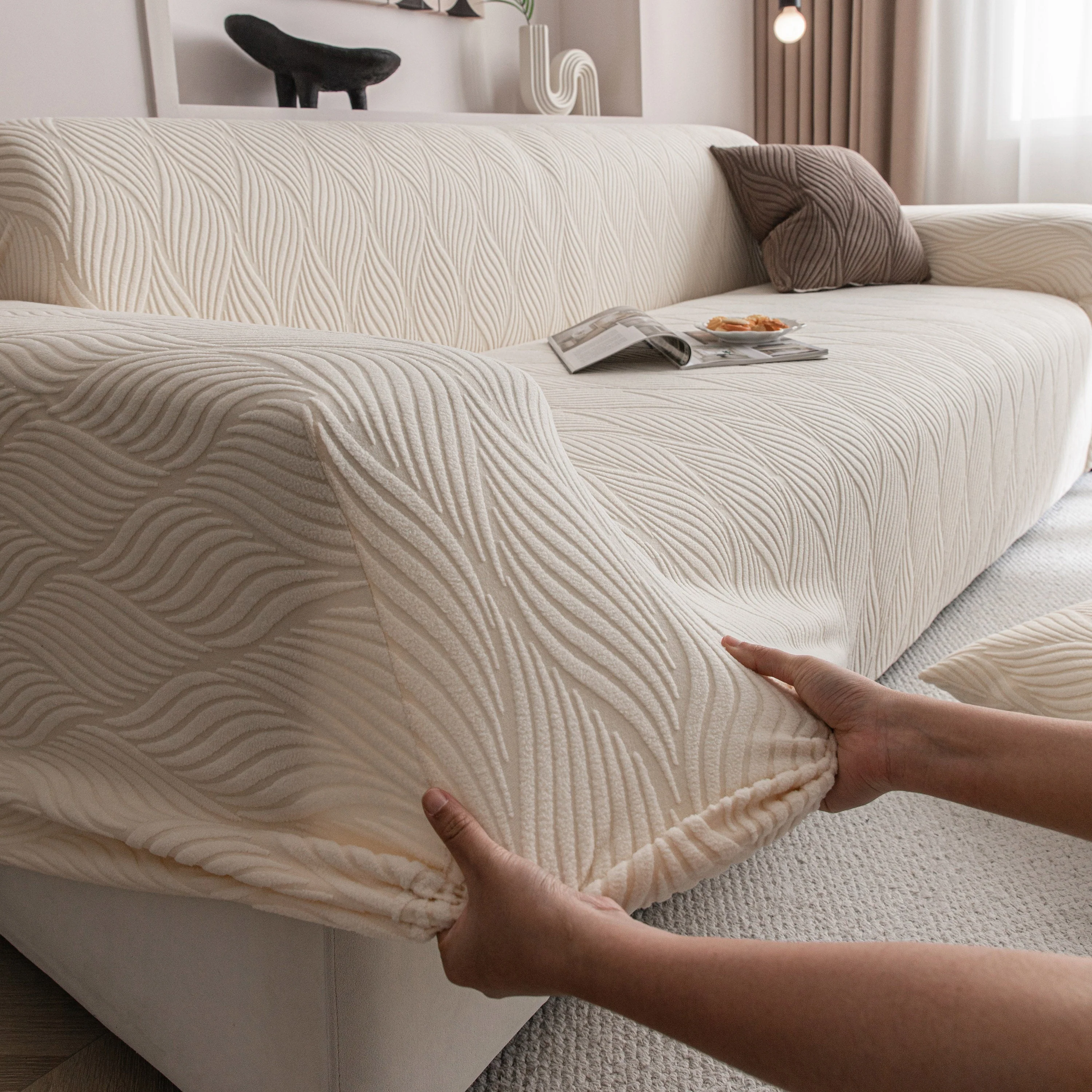 Modern Wavy Jacquard Sofa Slipcover, High Stretch Sofa Cover with 3D Organic Texture - Image 34