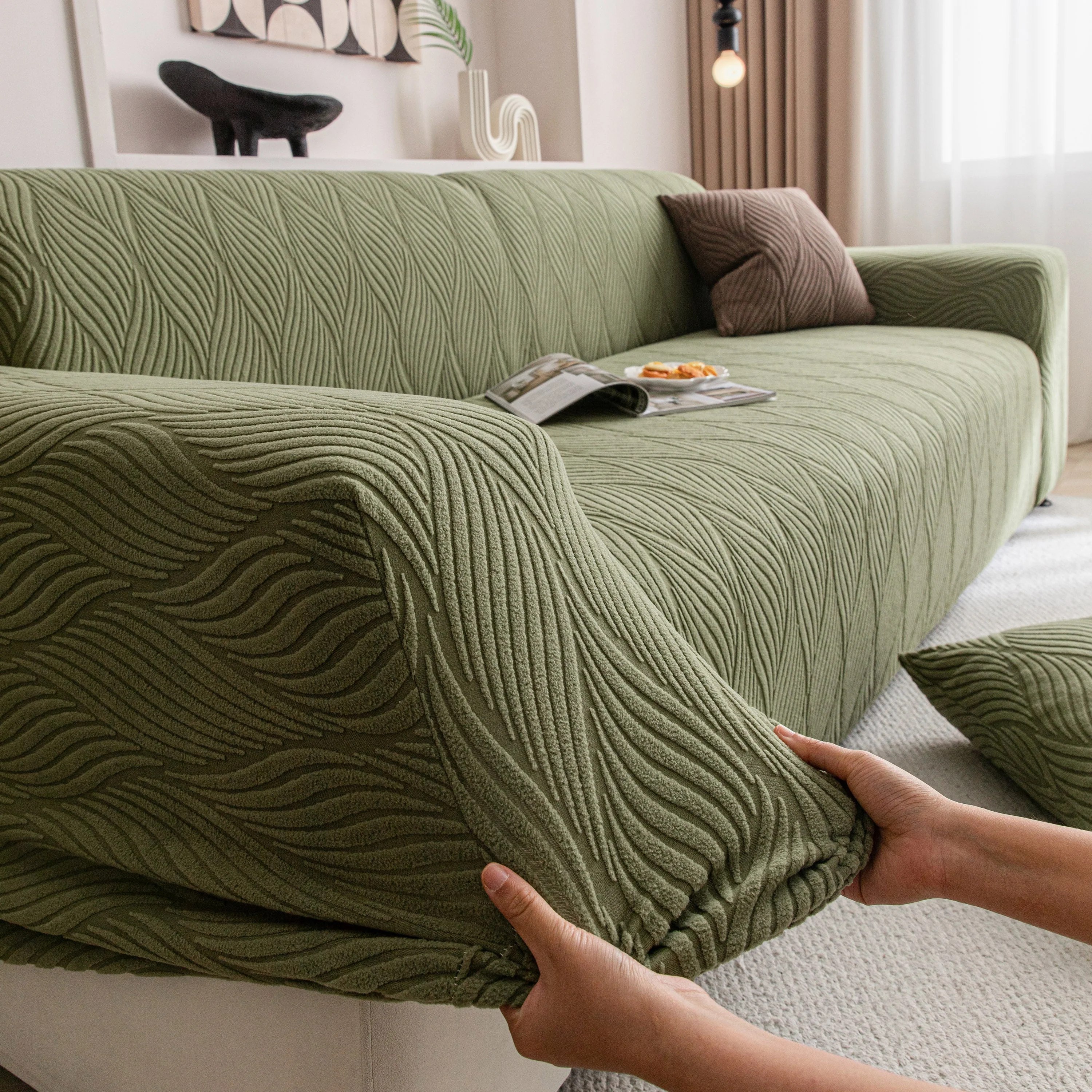 Modern Wavy Jacquard Sofa Slipcover, High Stretch Sofa Cover with 3D Organic Texture - Image 57