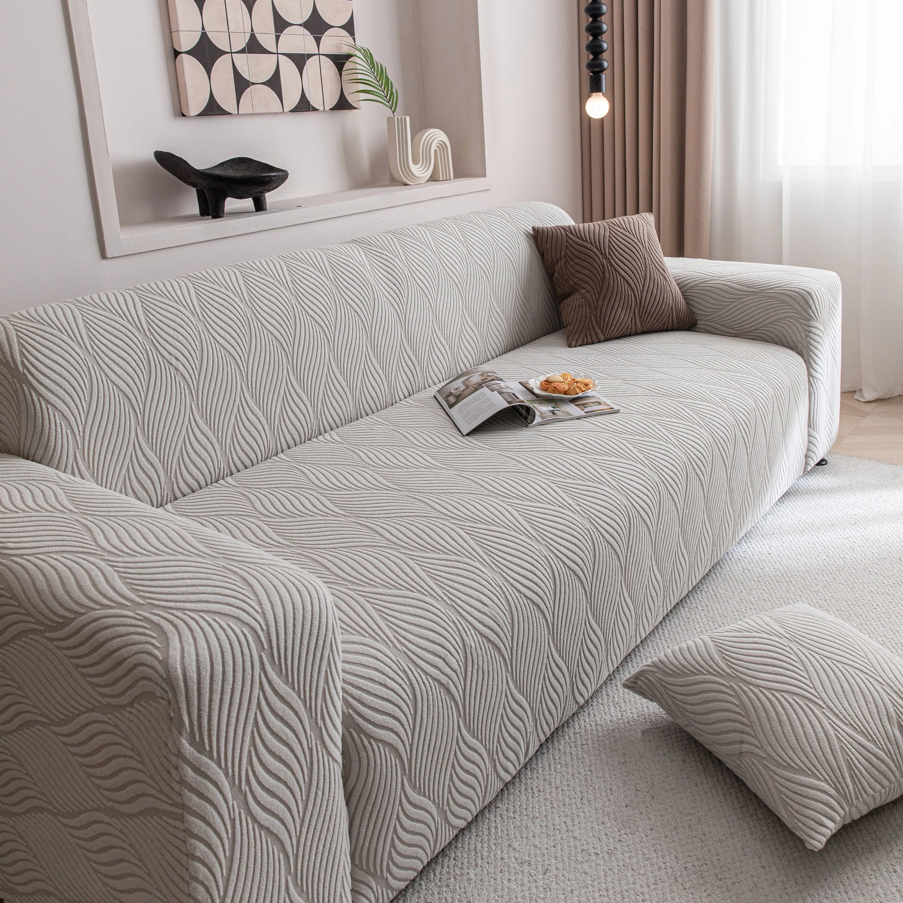 Modern Wavy Jacquard Sofa Slipcover, High Stretch Sofa Cover with 3D Organic Texture - Image 64