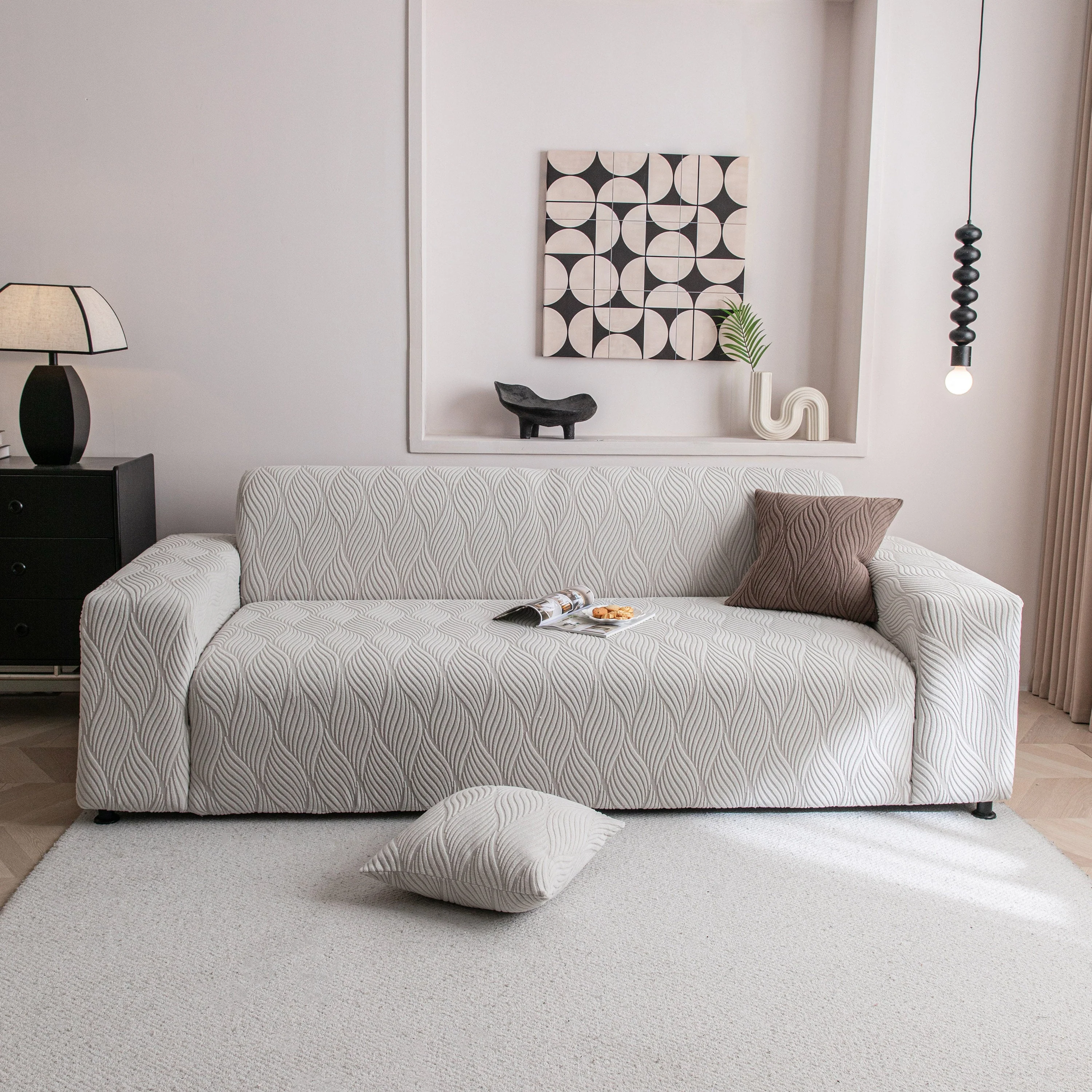 Modern Wavy Jacquard Sofa Slipcover, High Stretch Sofa Cover with 3D Organic Texture - Image 65