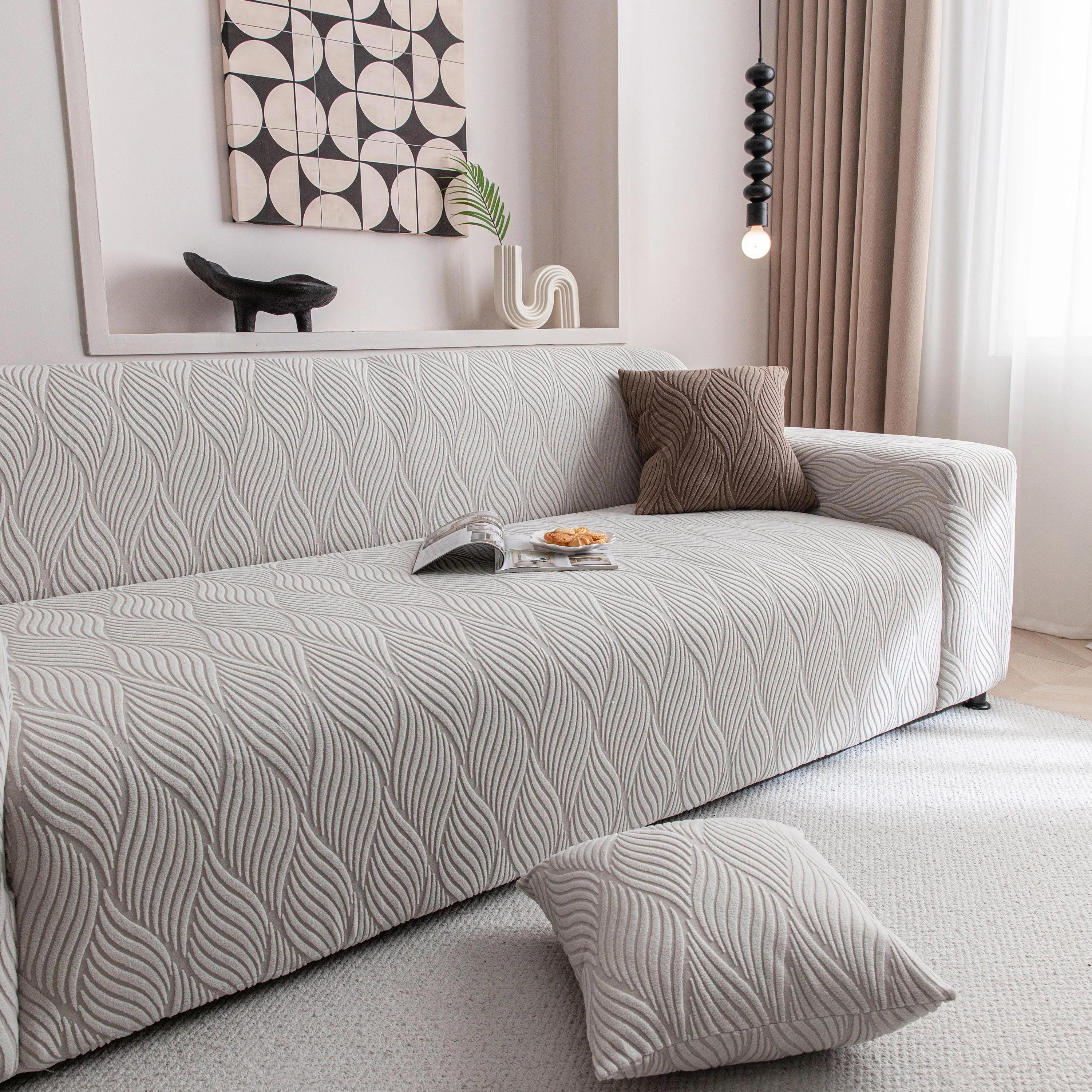 Modern Wavy Jacquard Sofa Slipcover, High Stretch Sofa Cover with 3D Organic Texture - Image 66