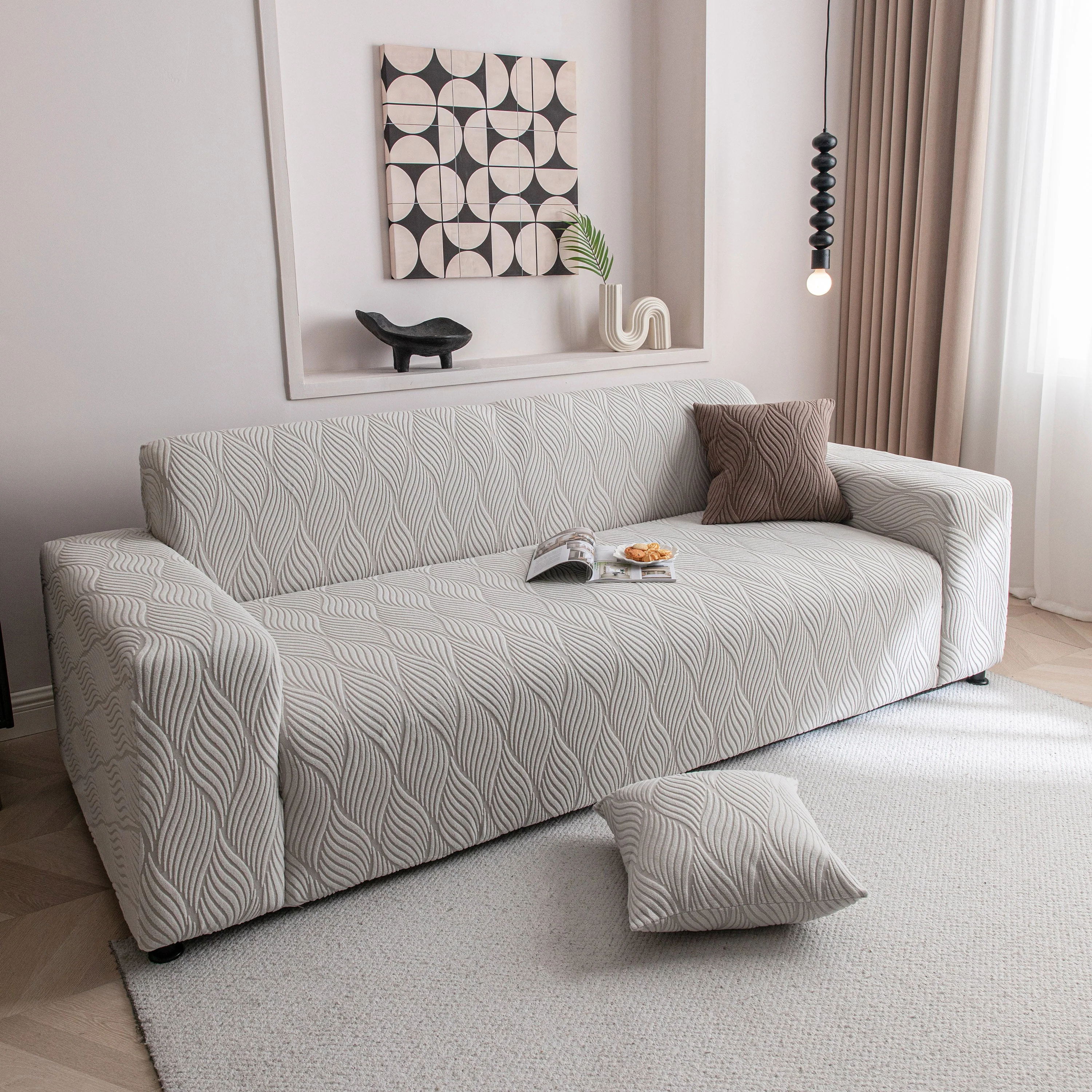Modern Wavy Jacquard Sofa Slipcover, High Stretch Sofa Cover with 3D Organic Texture - Image 67
