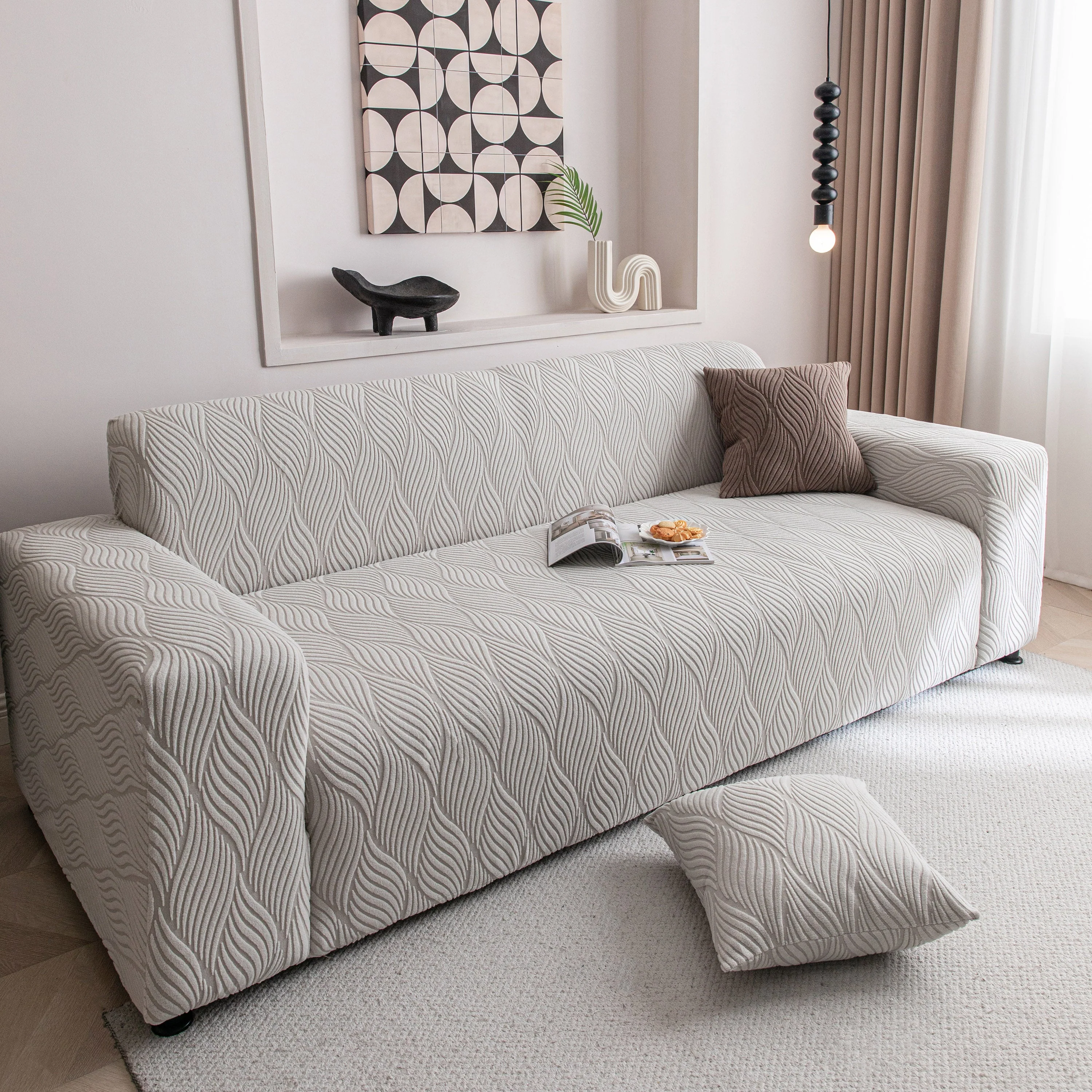 Modern Wavy Jacquard Sofa Slipcover, High Stretch Sofa Cover with 3D Organic Texture - Image 68