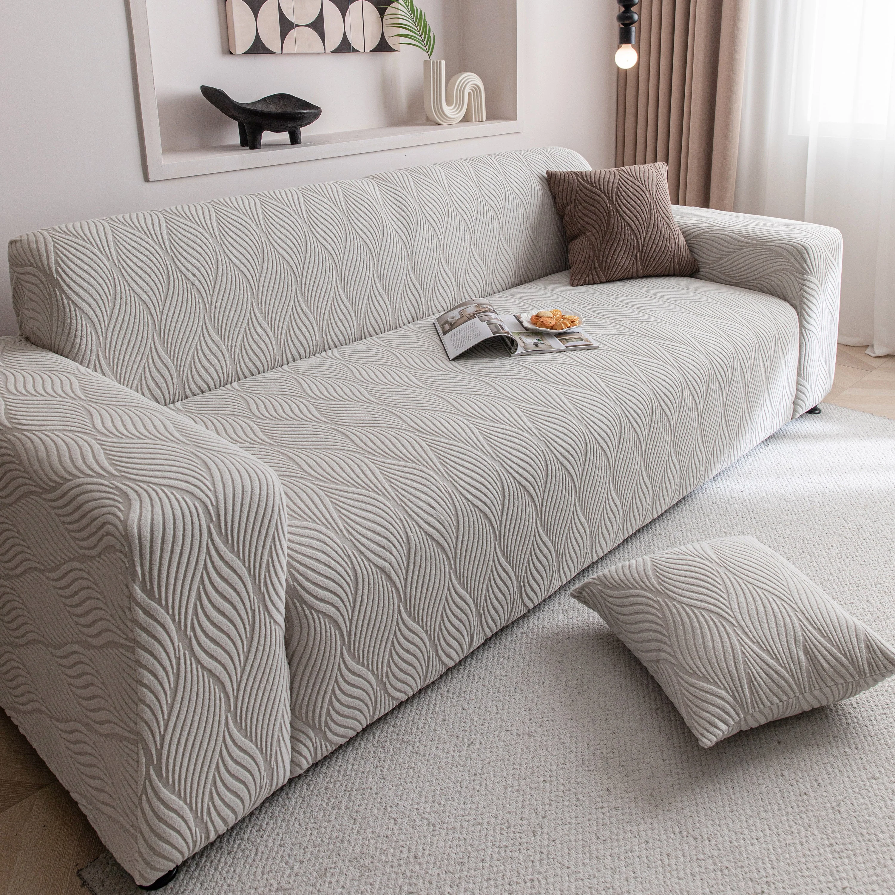 Modern Wavy Jacquard Sofa Slipcover, High Stretch Sofa Cover with 3D Organic Texture - Image 69