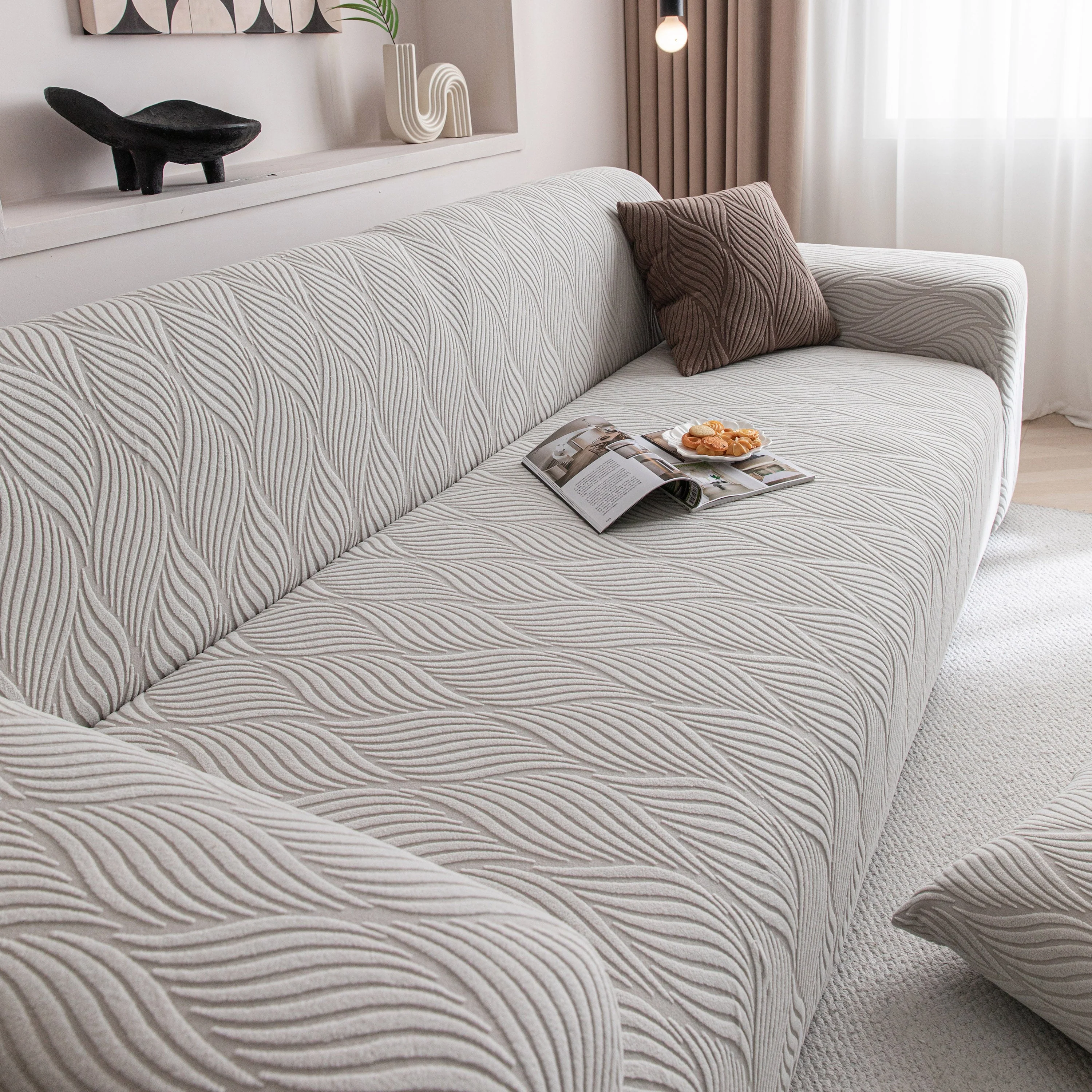 Modern Wavy Jacquard Sofa Slipcover, High Stretch Sofa Cover with 3D Organic Texture - Image 70