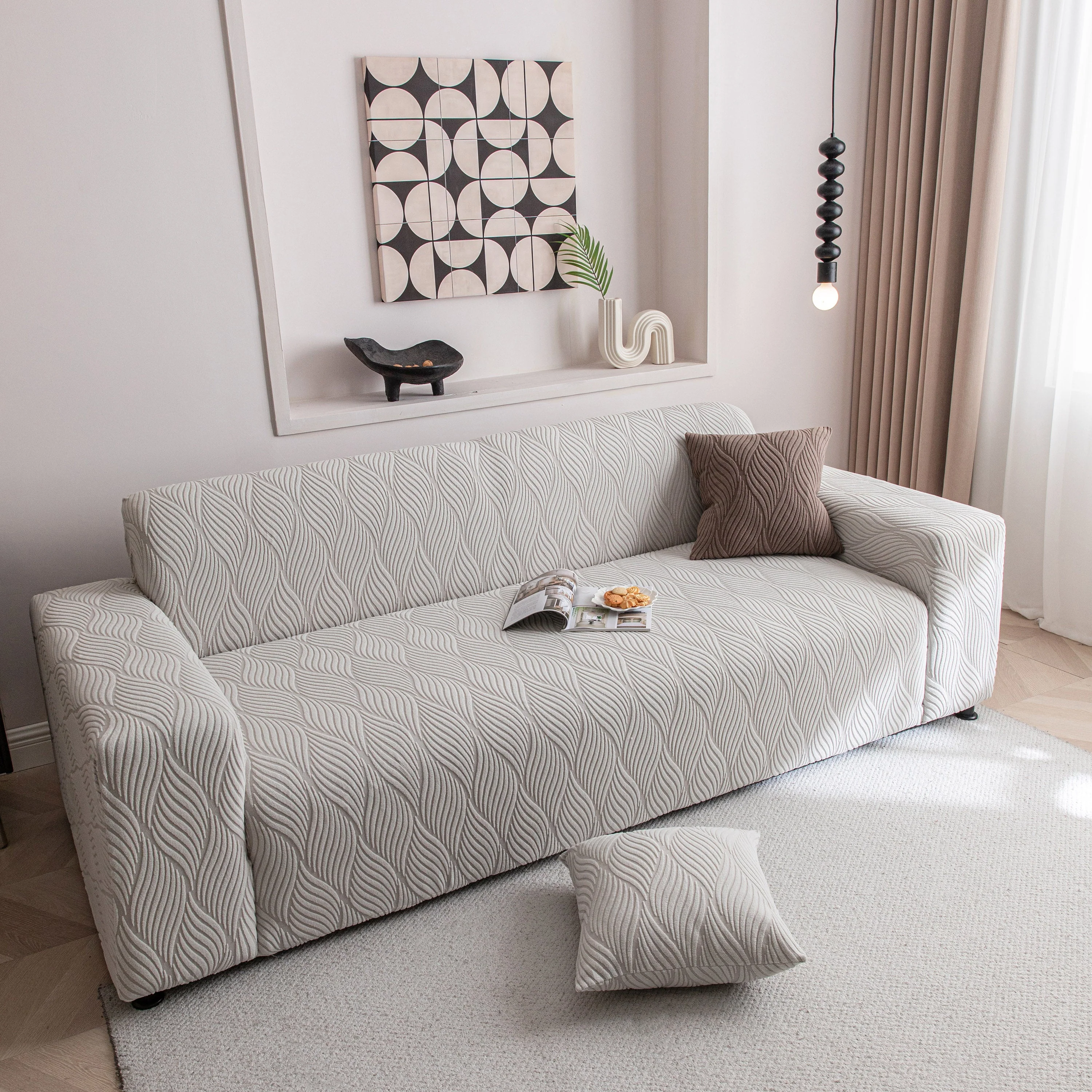 Modern Wavy Jacquard Sofa Slipcover, High Stretch Sofa Cover with 3D Organic Texture - Image 71
