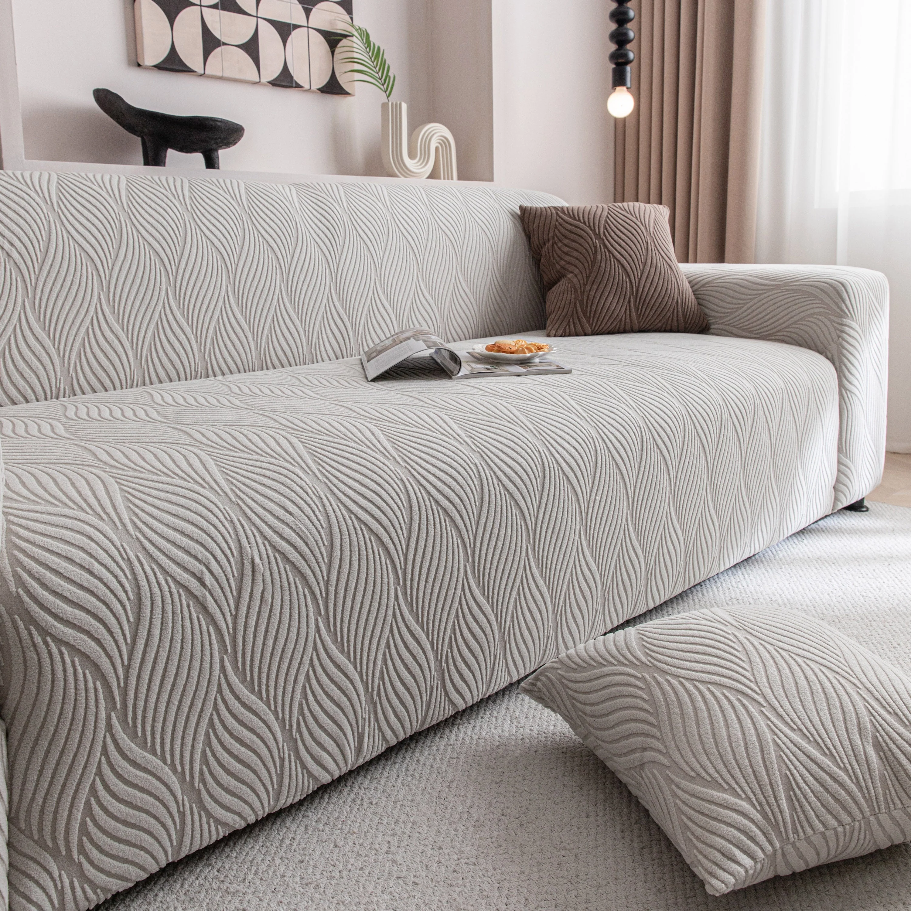 Modern Wavy Jacquard Sofa Slipcover, High Stretch Sofa Cover with 3D Organic Texture - Image 73