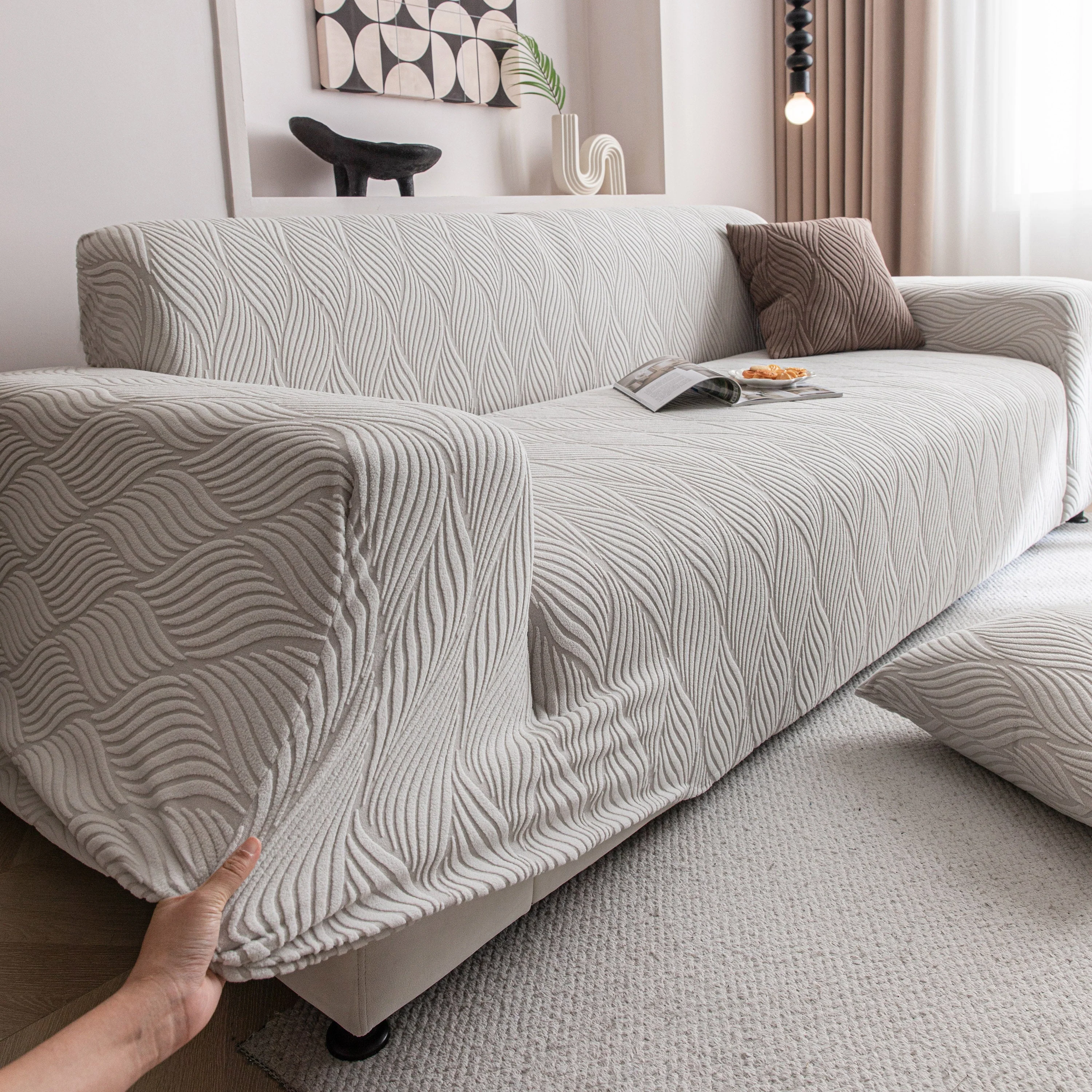 Modern Wavy Jacquard Sofa Slipcover, High Stretch Sofa Cover with 3D Organic Texture - Image 75