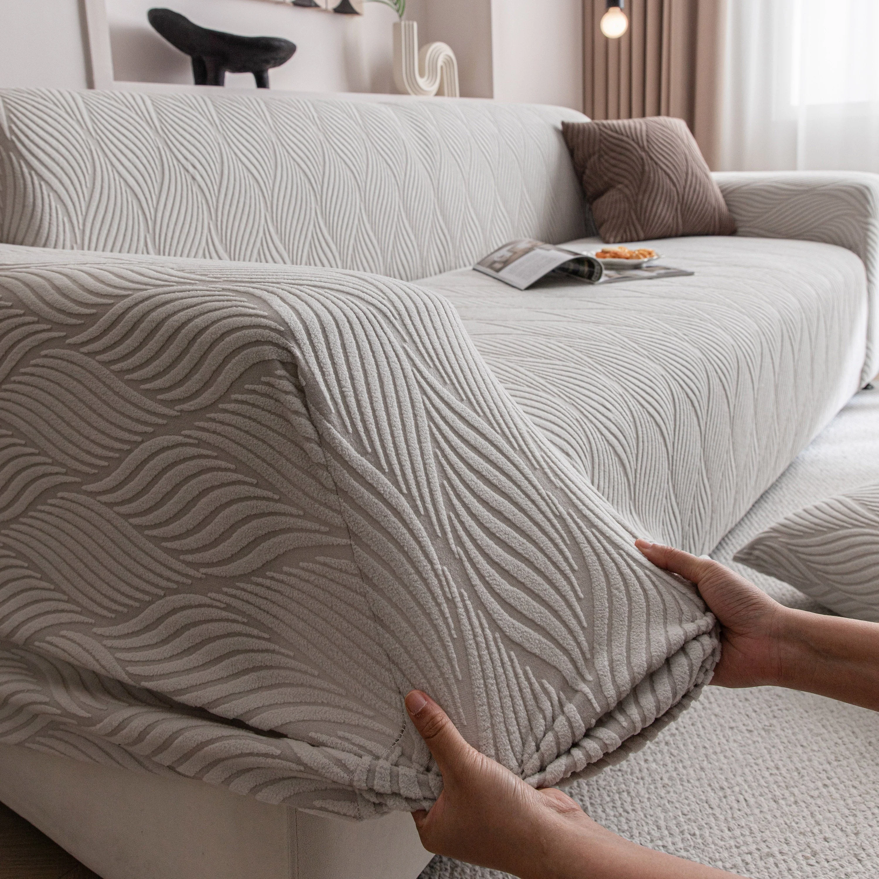 Modern Wavy Jacquard Sofa Slipcover, High Stretch Sofa Cover with 3D Organic Texture - Image 77
