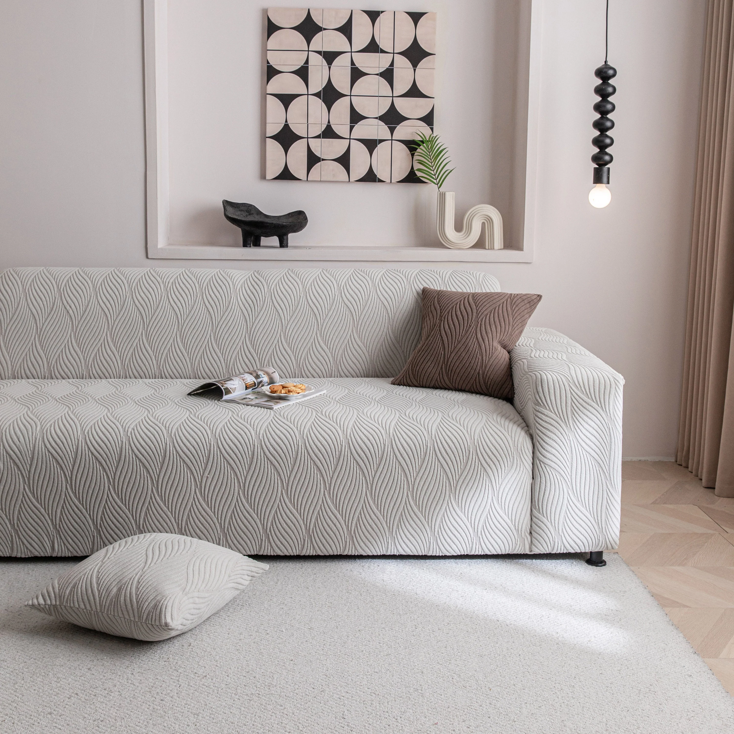 Modern Wavy Jacquard Sofa Slipcover, High Stretch Sofa Cover with 3D Organic Texture - Image 83