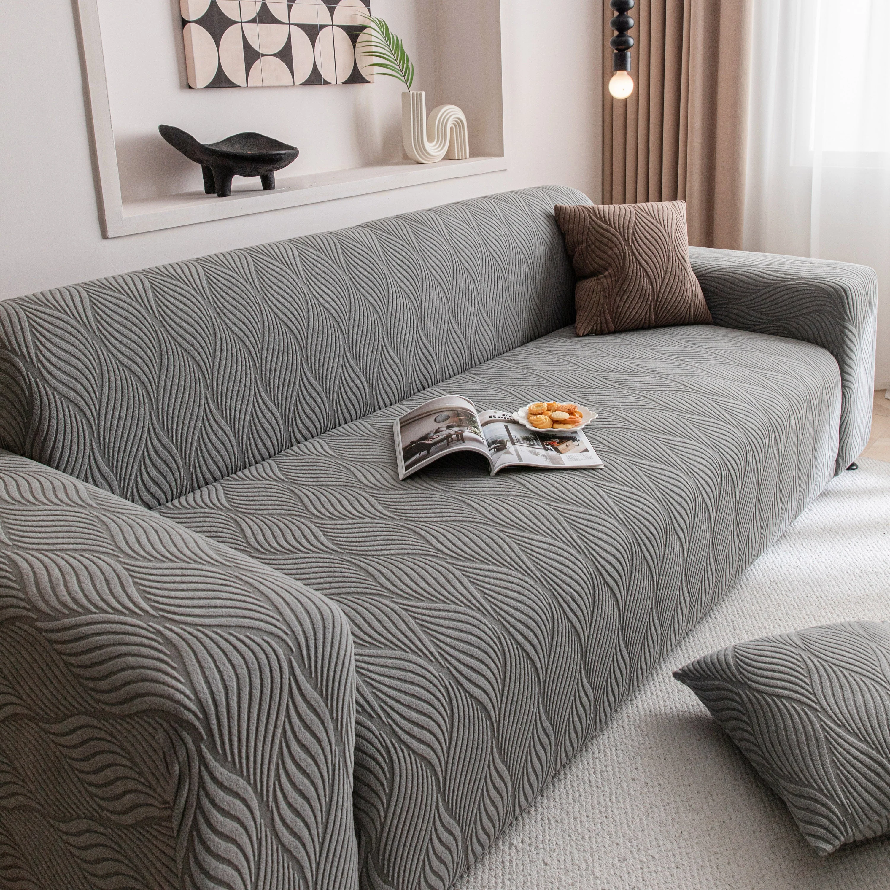 Modern Wavy Jacquard Sofa Slipcover, High Stretch Sofa Cover with 3D Organic Texture - Image 84
