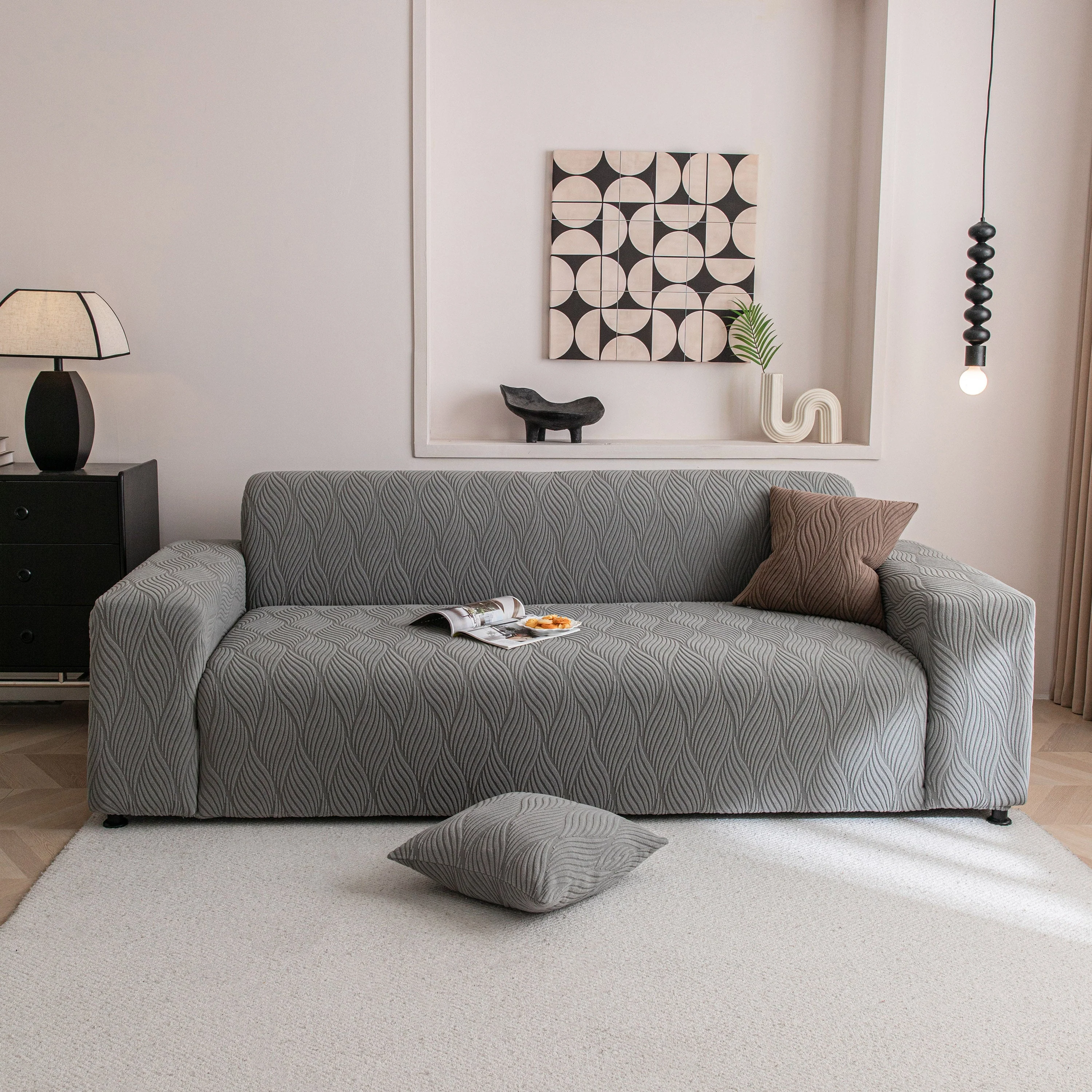 Modern Wavy Jacquard Sofa Slipcover, High Stretch Sofa Cover with 3D Organic Texture - Image 85