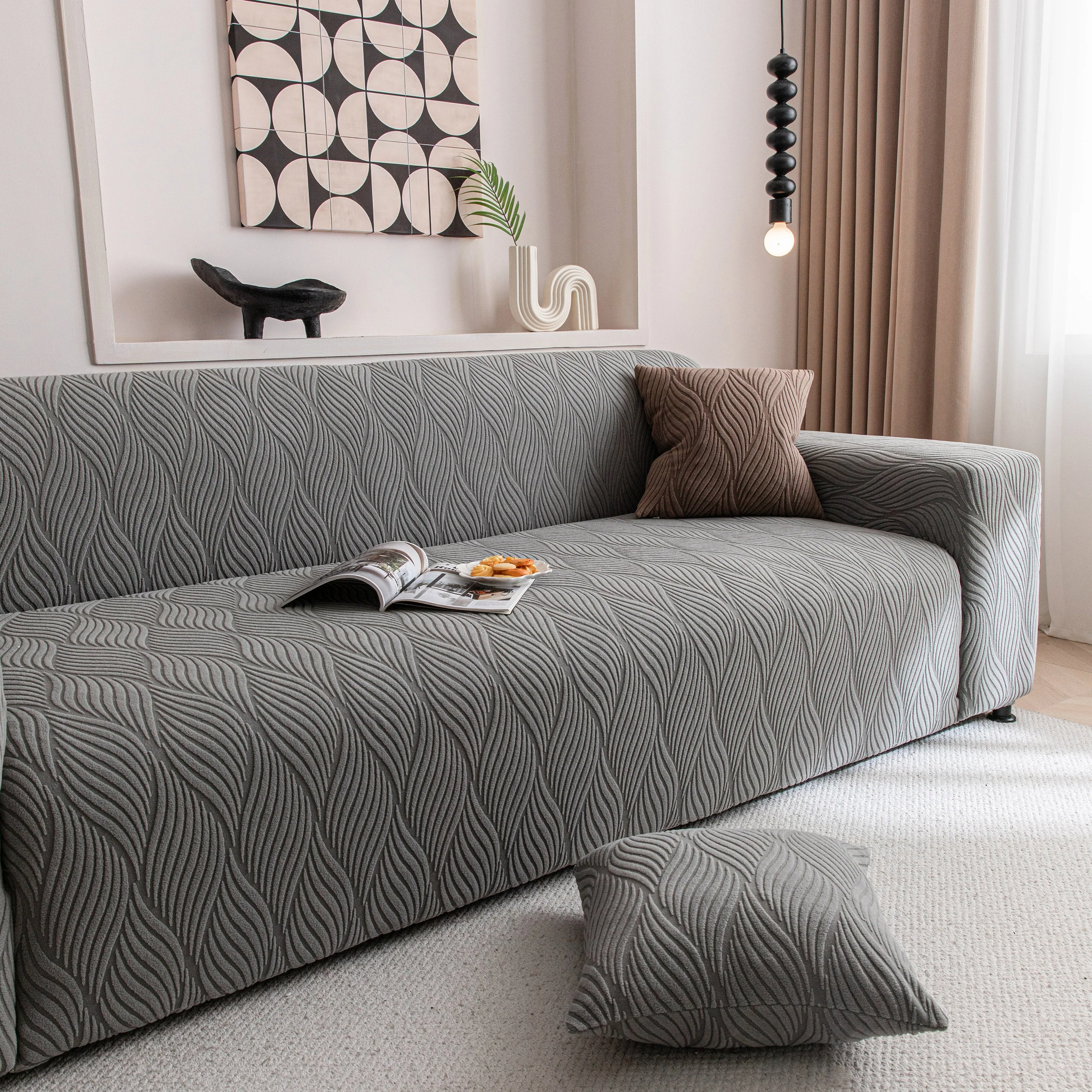Modern Wavy Jacquard Sofa Slipcover, High Stretch Sofa Cover with 3D Organic Texture - Image 86