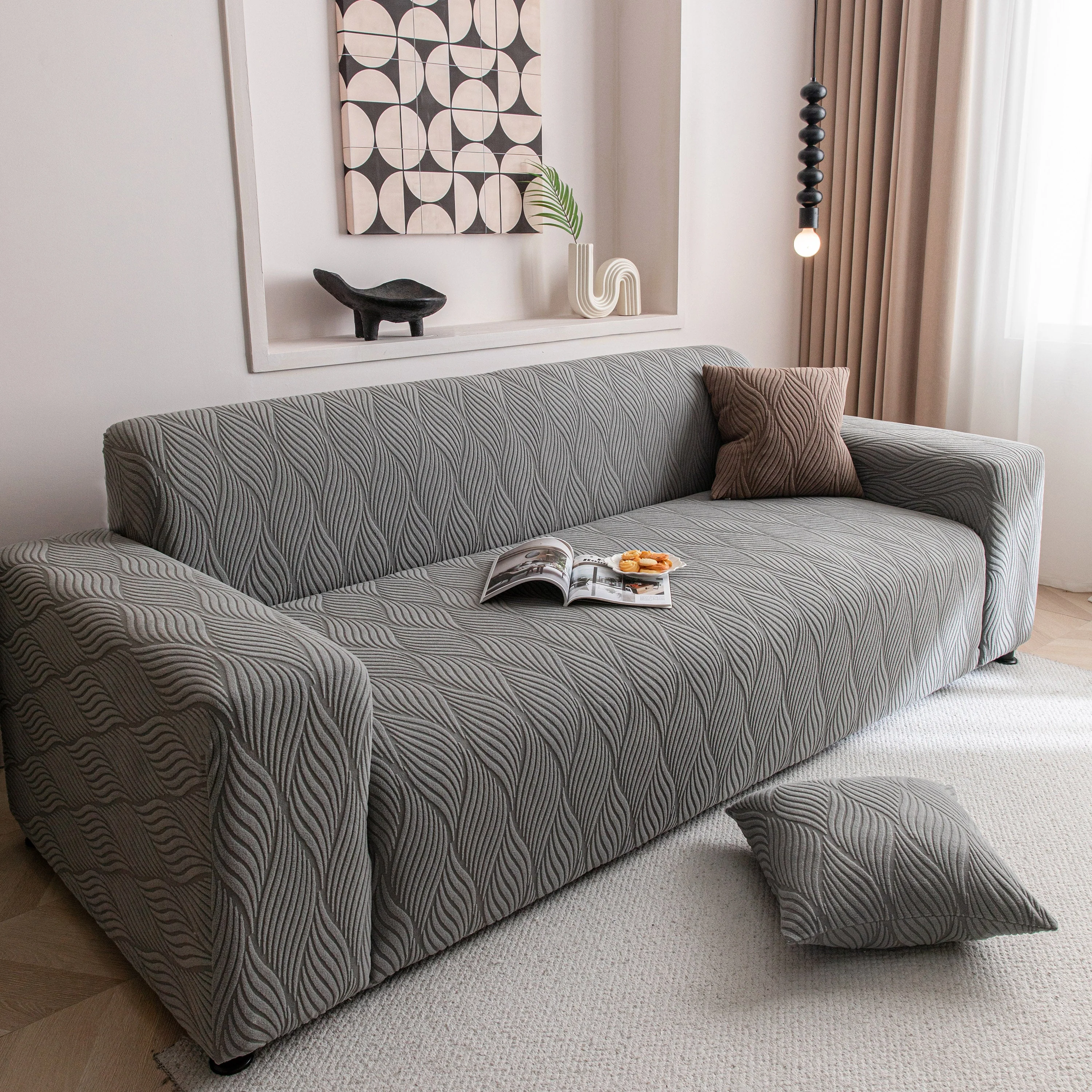 Modern Wavy Jacquard Sofa Slipcover, High Stretch Sofa Cover with 3D Organic Texture - Image 88