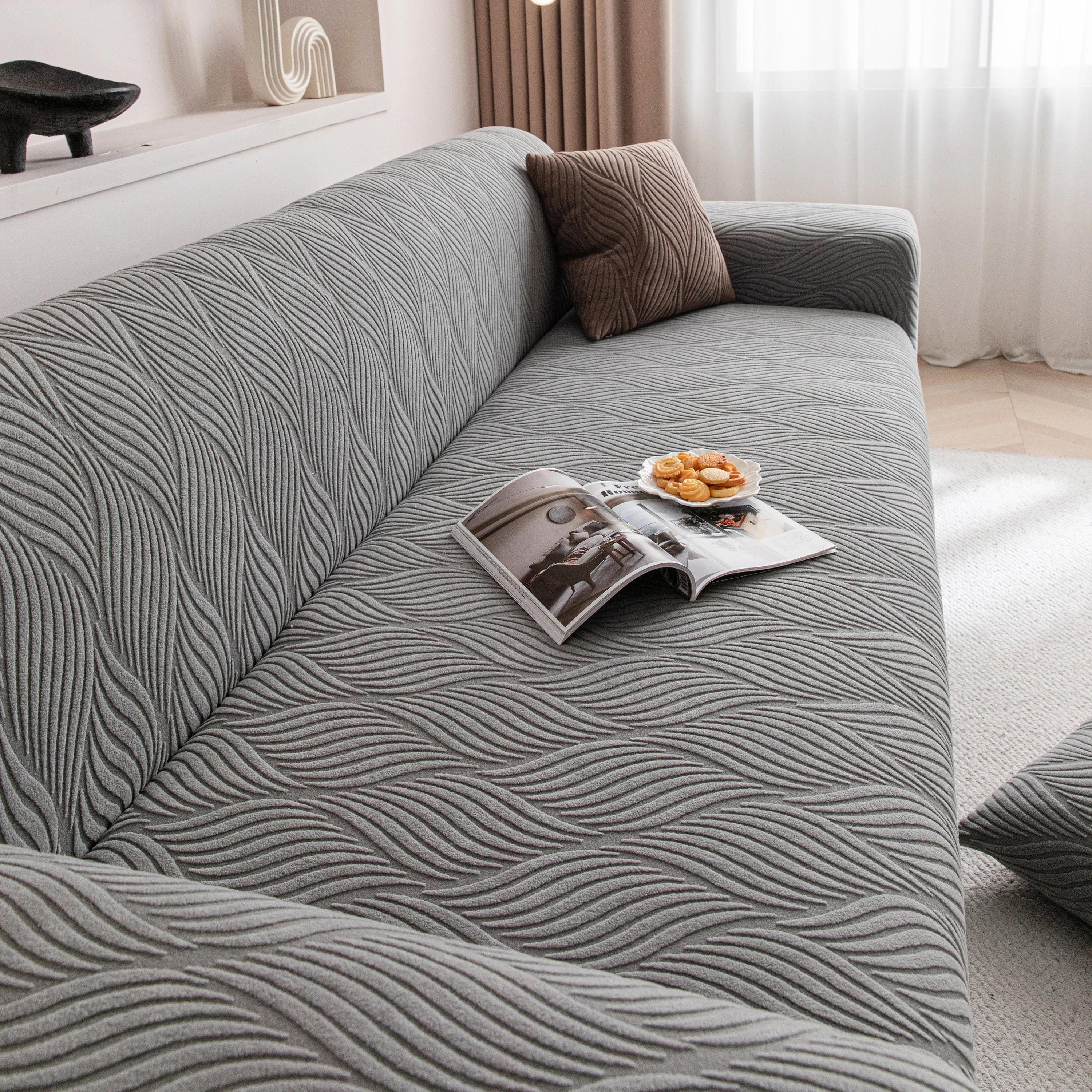 Modern Wavy Jacquard Sofa Slipcover, High Stretch Sofa Cover with 3D Organic Texture - Image 89