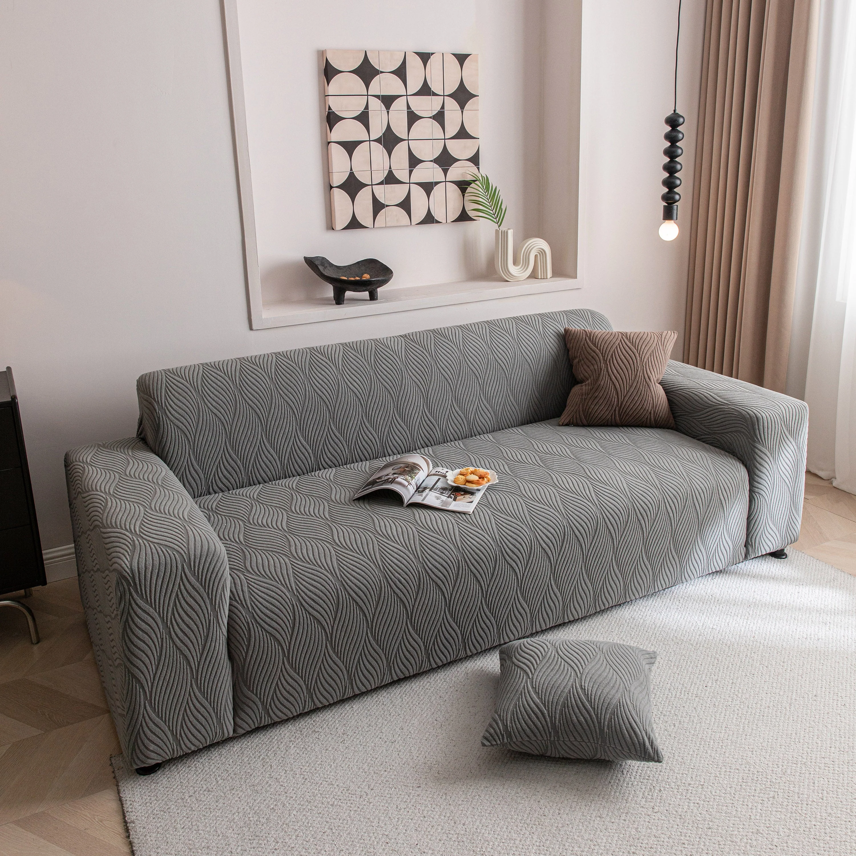 Modern Wavy Jacquard Sofa Slipcover, High Stretch Sofa Cover with 3D Organic Texture - Image 90