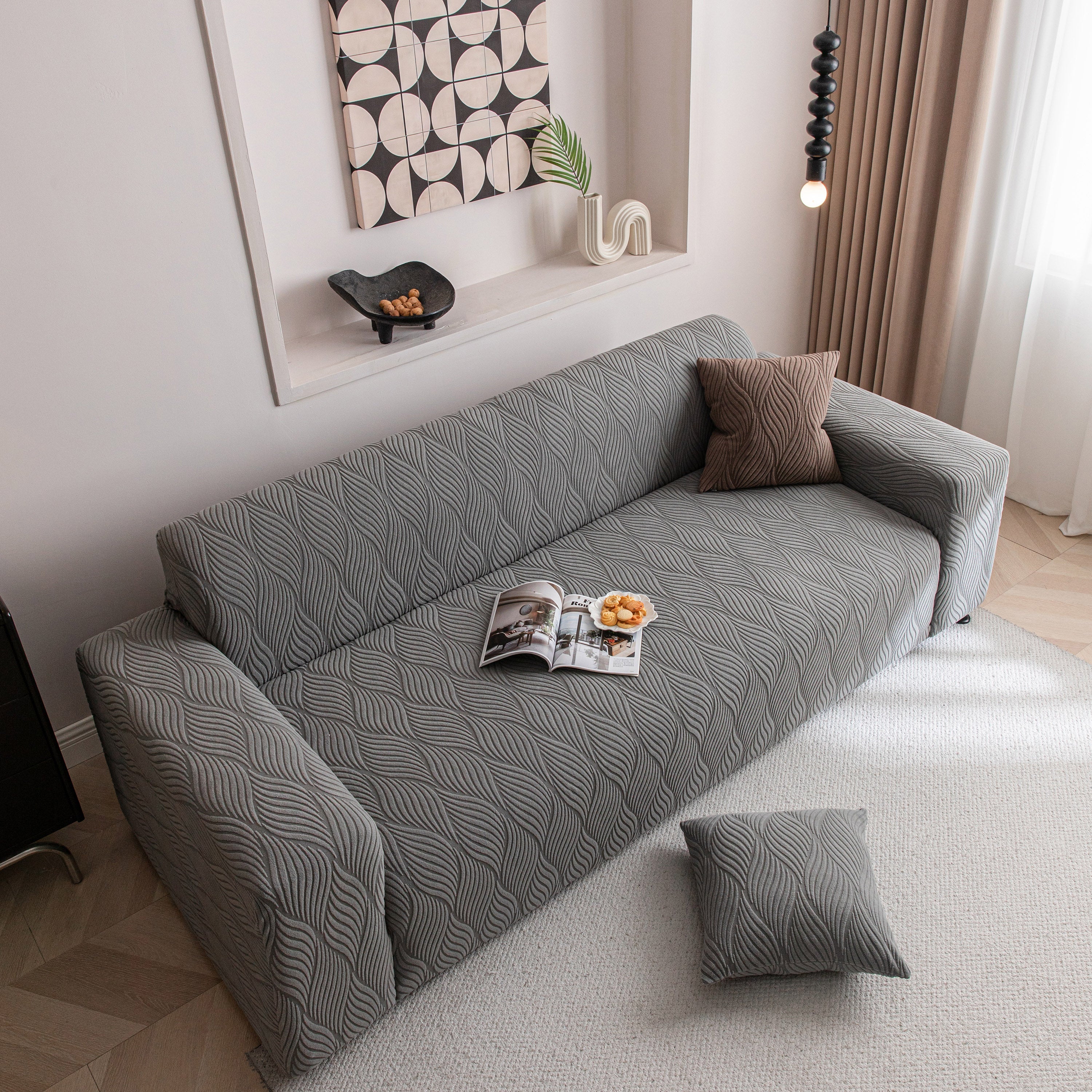 Modern Wavy Jacquard Sofa Slipcover, High Stretch Sofa Cover with 3D Organic Texture - Image 91