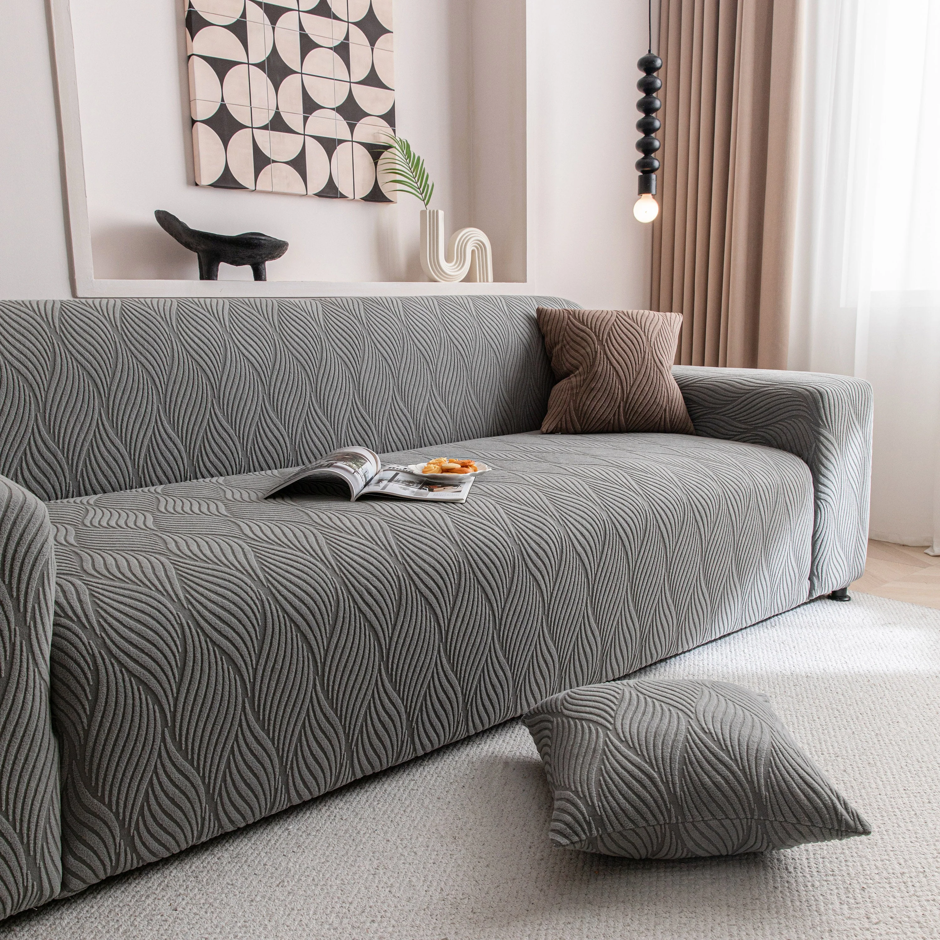 Modern Wavy Jacquard Sofa Slipcover, High Stretch Sofa Cover with 3D Organic Texture - Image 92