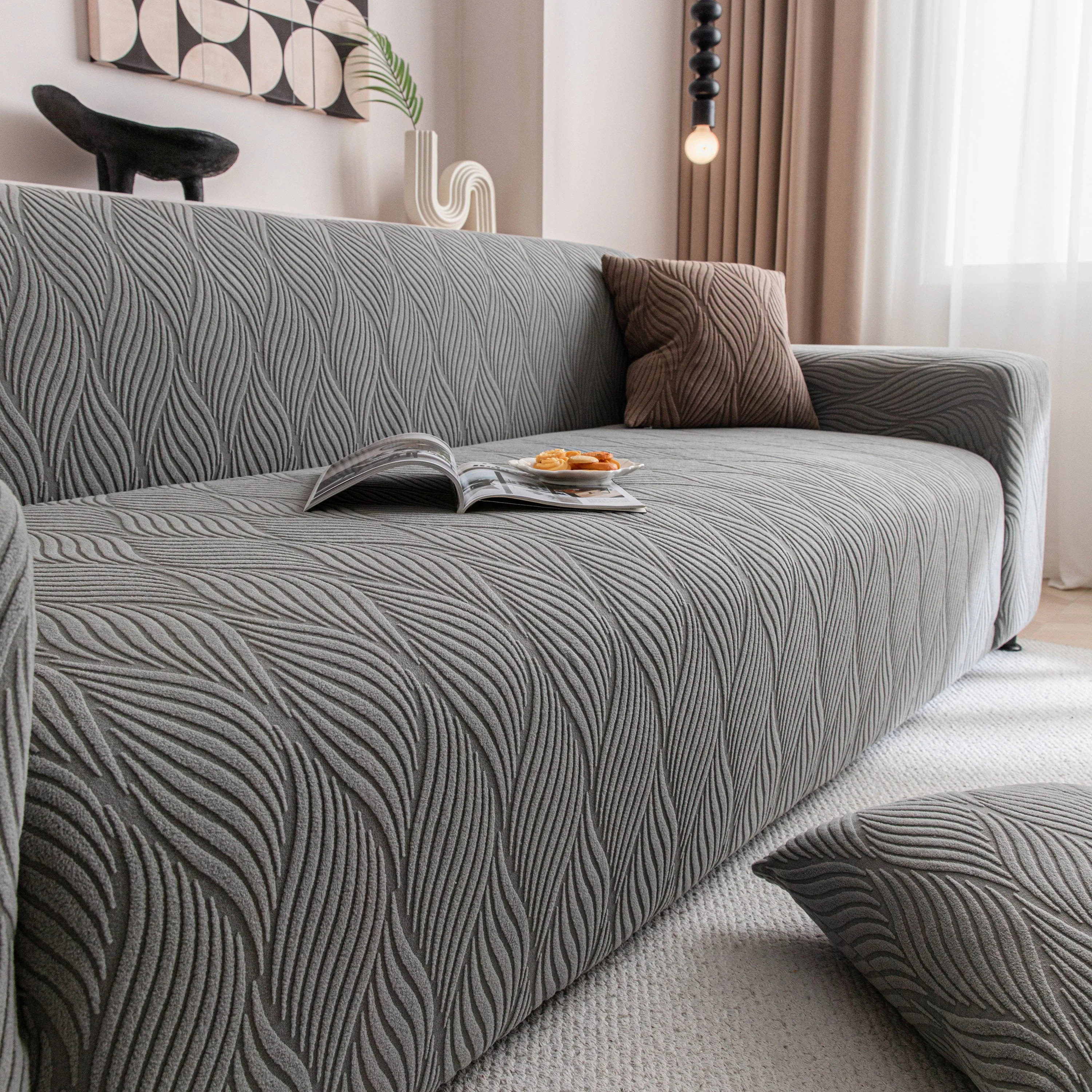 Modern Wavy Jacquard Sofa Slipcover, High Stretch Sofa Cover with 3D Organic Texture - Image 93