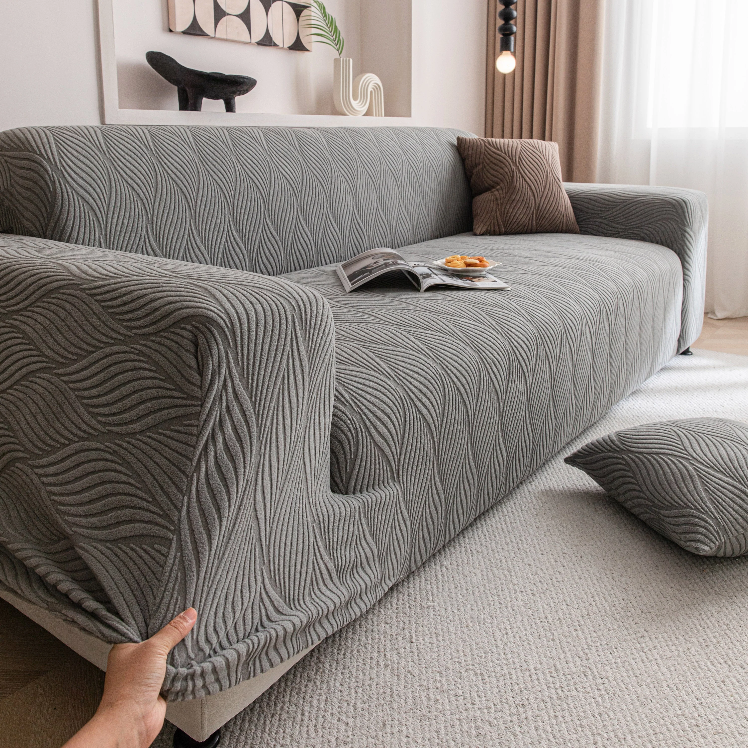 Modern Wavy Jacquard Sofa Slipcover, High Stretch Sofa Cover with 3D Organic Texture - Image 95