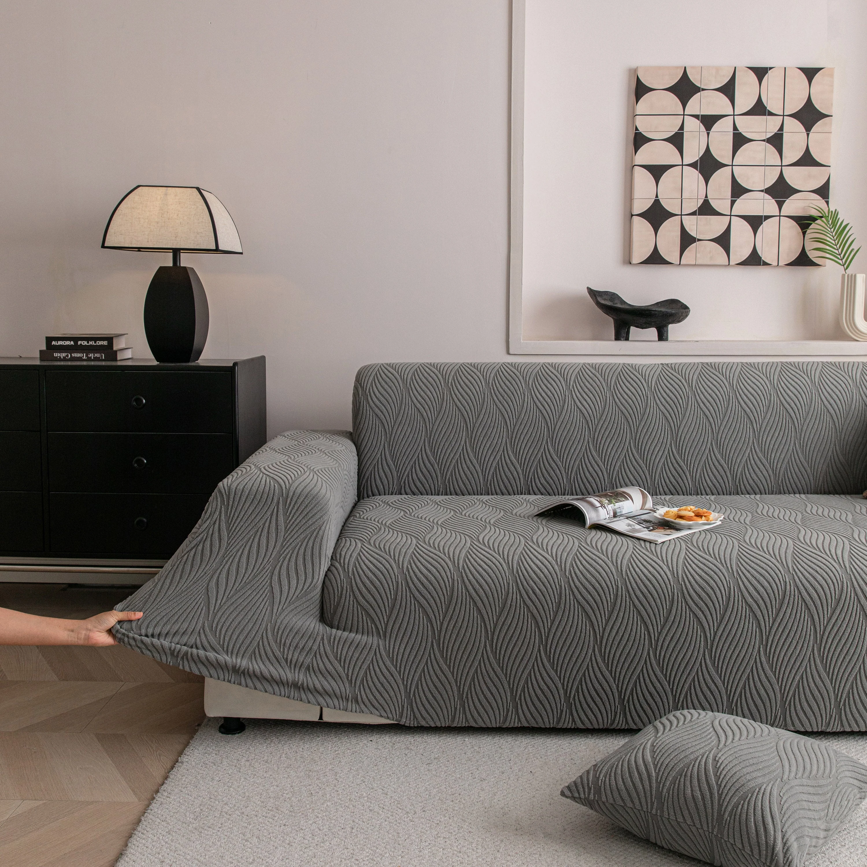Modern Wavy Jacquard Sofa Slipcover, High Stretch Sofa Cover with 3D Organic Texture - Image 96