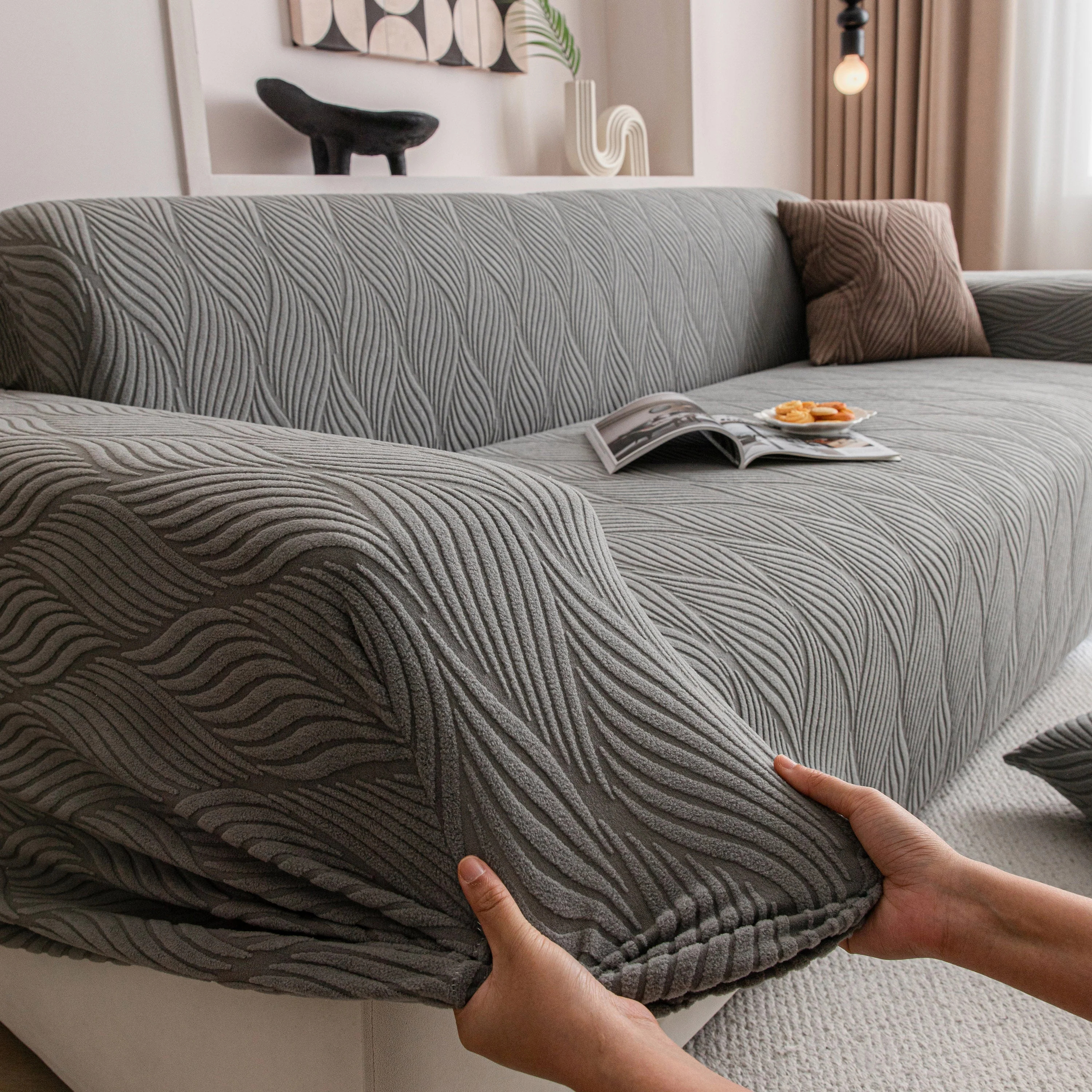 Modern Wavy Jacquard Sofa Slipcover, High Stretch Sofa Cover with 3D Organic Texture - Image 97
