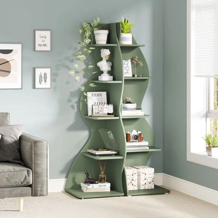 Modern Whimsical 5 Shelf Corner Bookcase in Green Wood Finish - Image 3