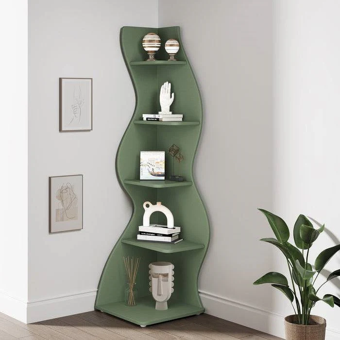 Modern Whimsical 5 Shelf Corner Bookcase in Green Wood Finish - Image 4