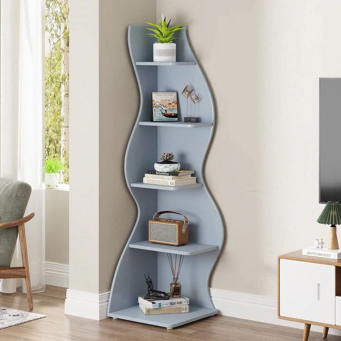 Modern Whimsical 5 Shelf Corner Bookcase Stand Blue Wood Finish - Image 3