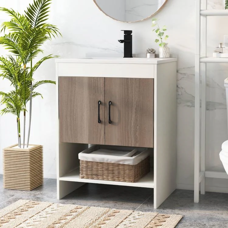 Modern White and Grey Wood Finish Bathroom Vanity with Sink and Faucet - Image 3