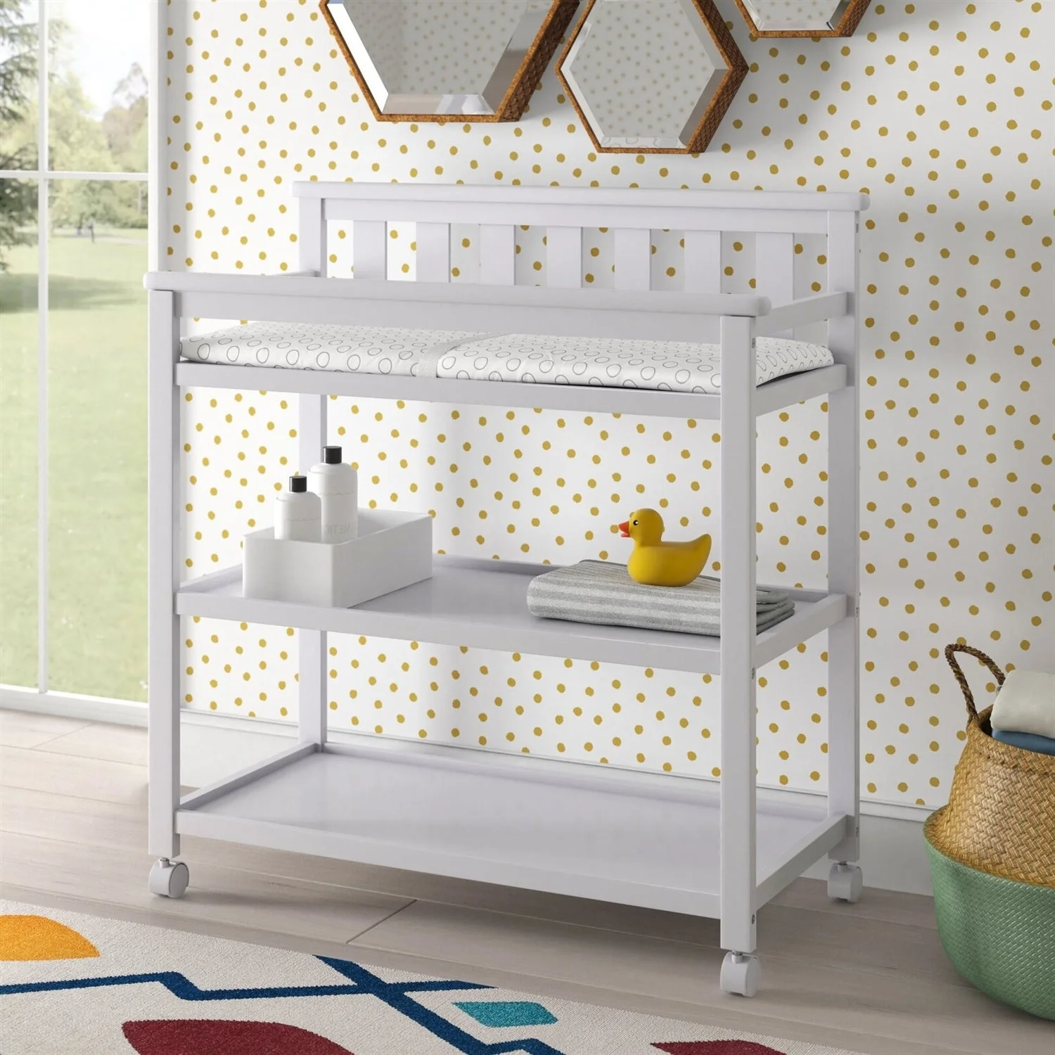 Modern White Baby's First 2 Shelf Changing Table with Wheels - Image 2