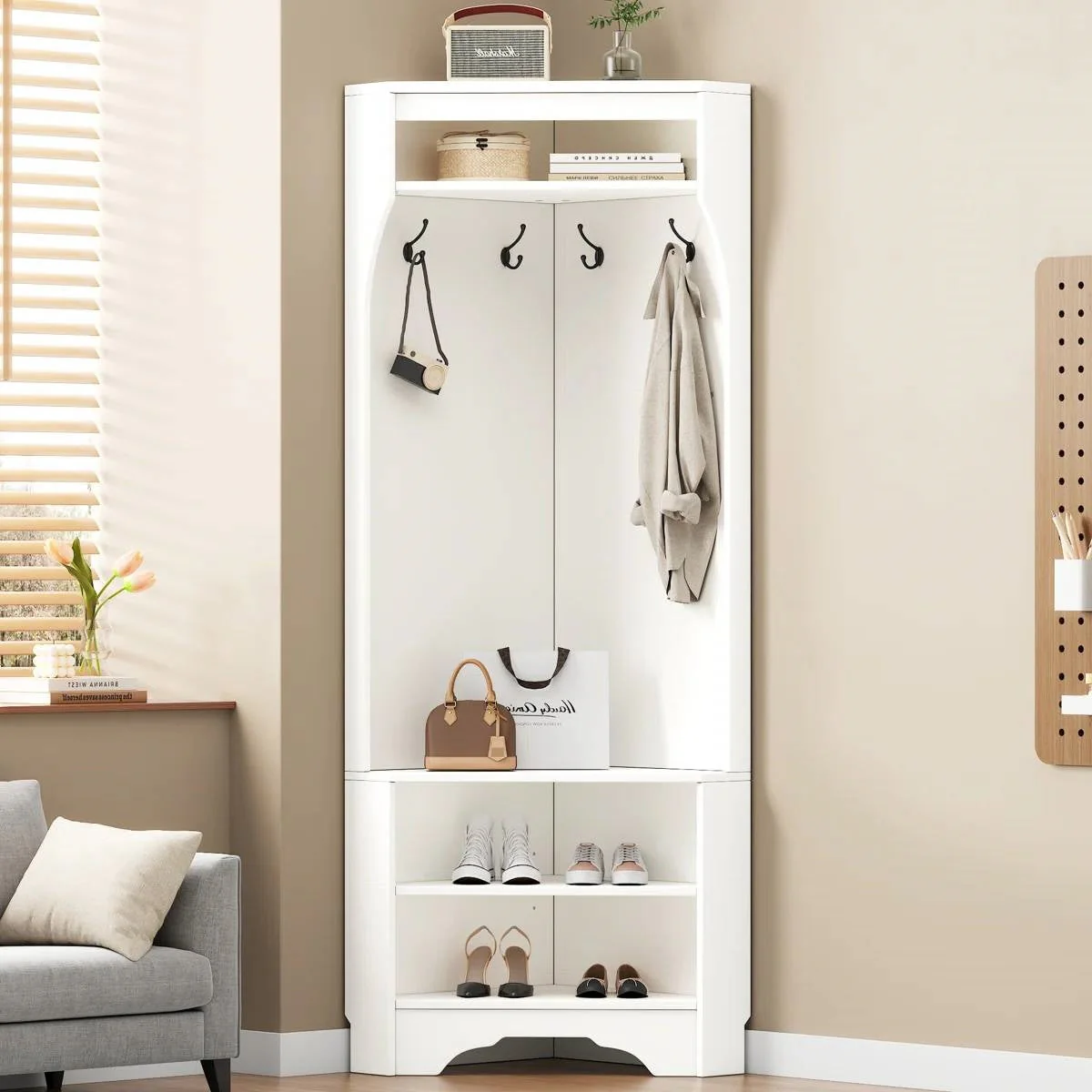 Modern White Corner Hall Tree Coat Rack Entryway Storage Cabinet Shoe Bench - Image 2