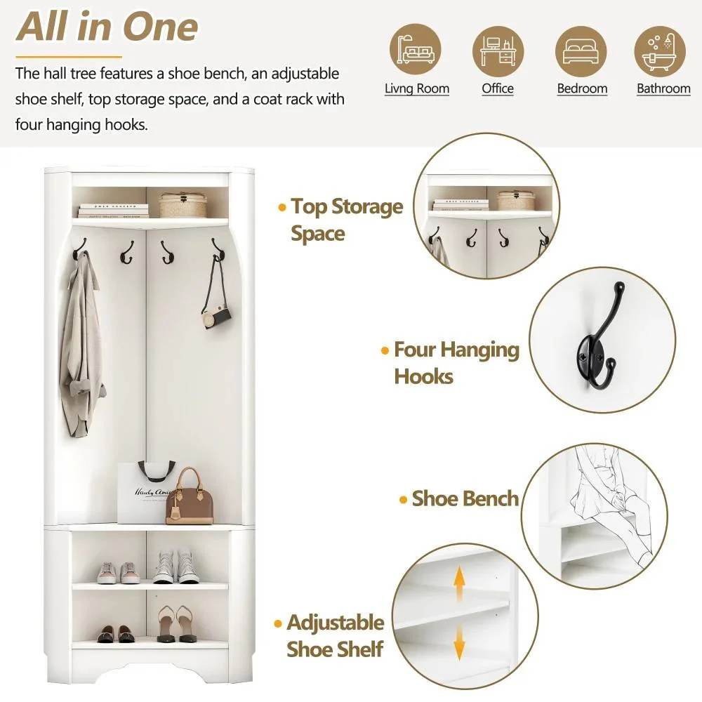 Modern White Corner Hall Tree Coat Rack Entryway Storage Cabinet Shoe Bench - Image 4