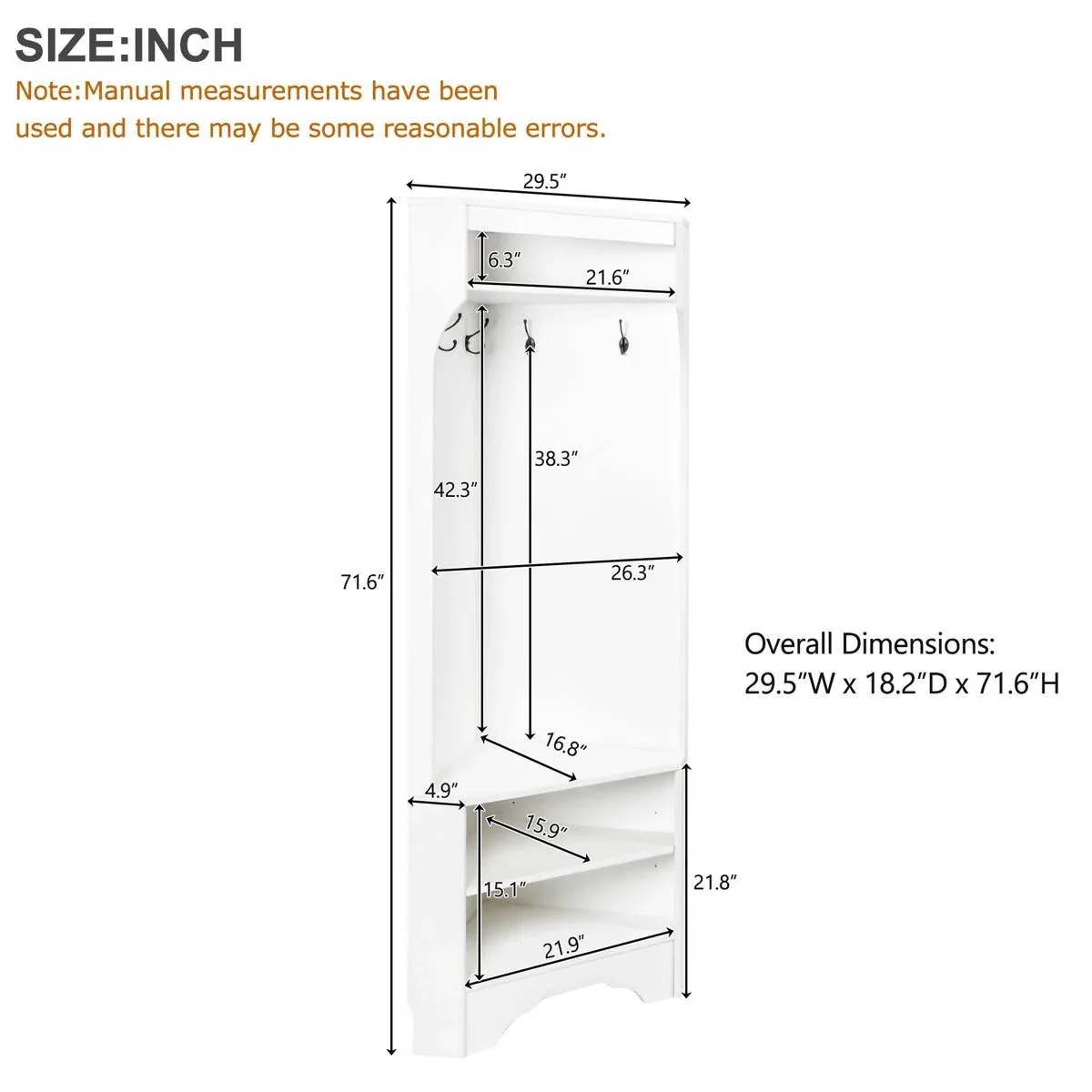 Modern White Corner Hall Tree Coat Rack Entryway Storage Cabinet Shoe Bench - Image 5