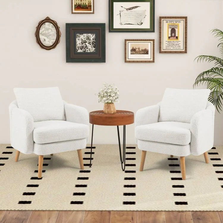 Modern White Sherpa Upholstered Accent Chair with Wooden Legs - Image 3