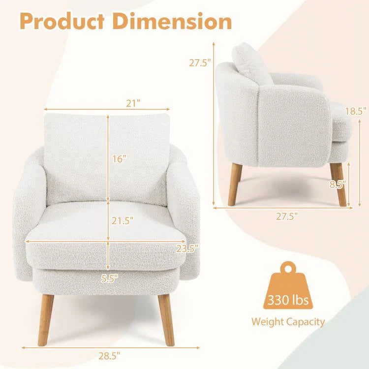 Modern White Sherpa Upholstered Accent Chair with Wooden Legs - Image 4