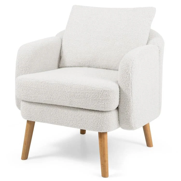Modern White Sherpa Upholstered Accent Chair with Wooden Legs - Image 5