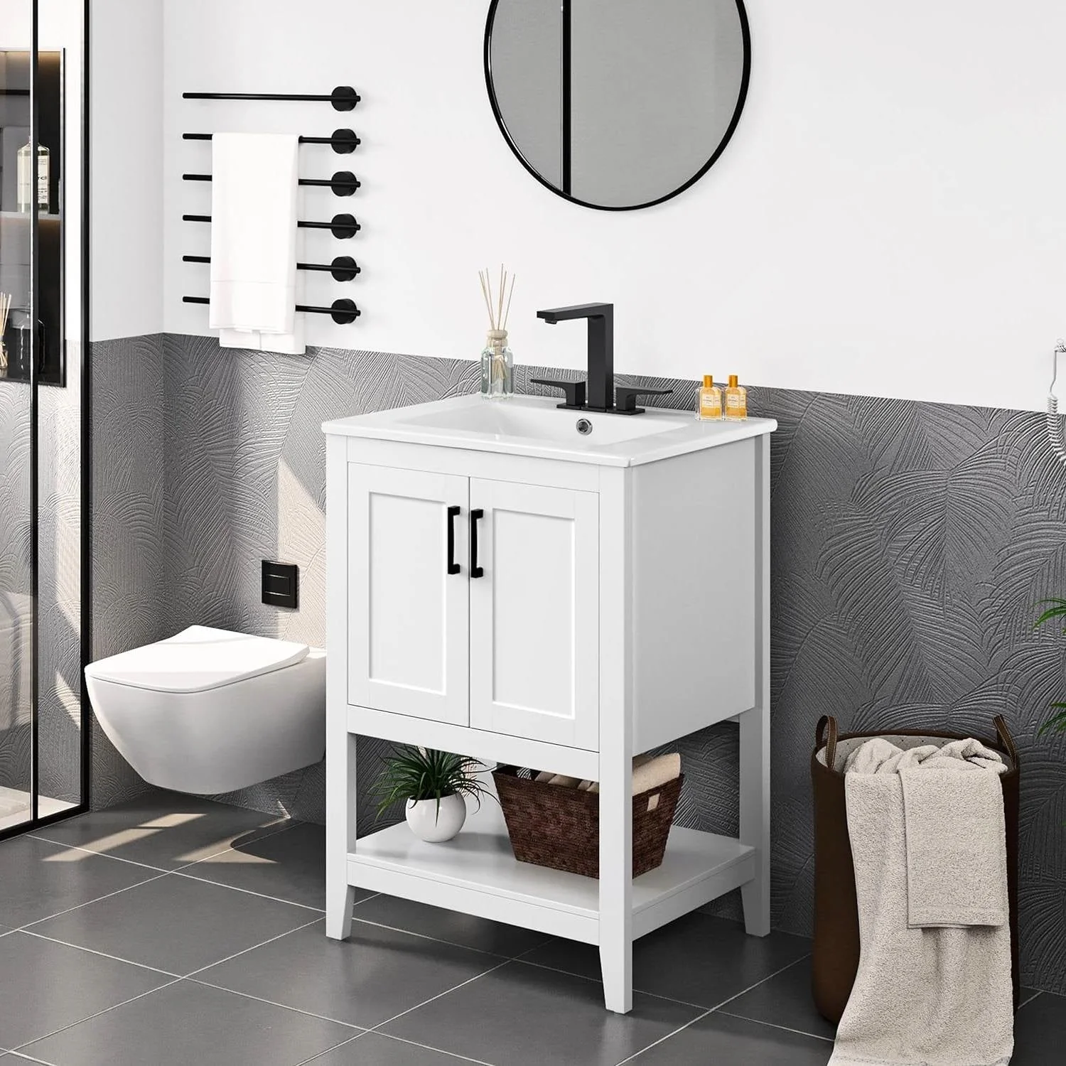 Modern White Wood Bathroom Vanity with White Ceramic Sink - Image 2