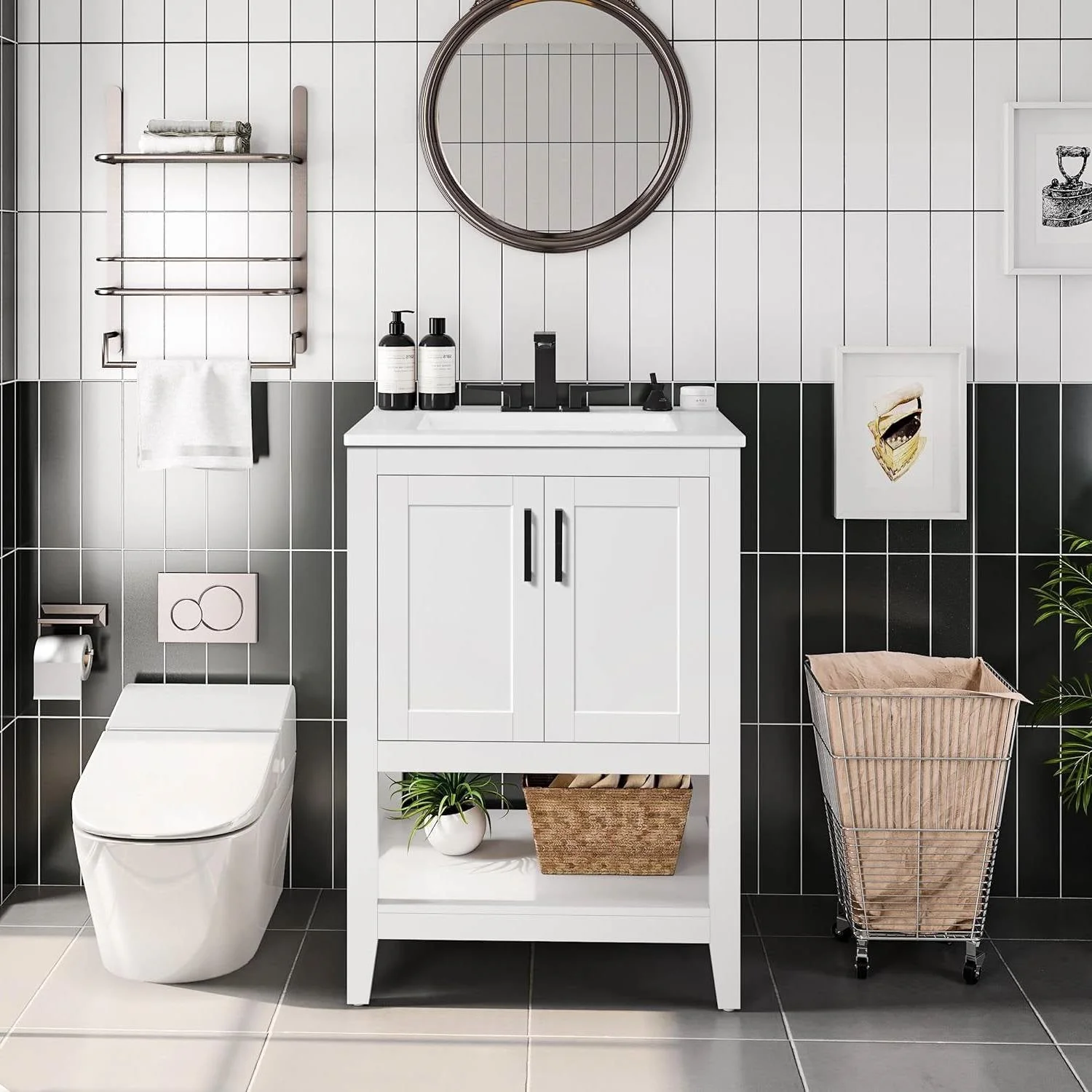Modern White Wood Bathroom Vanity with White Ceramic Sink - Image 3