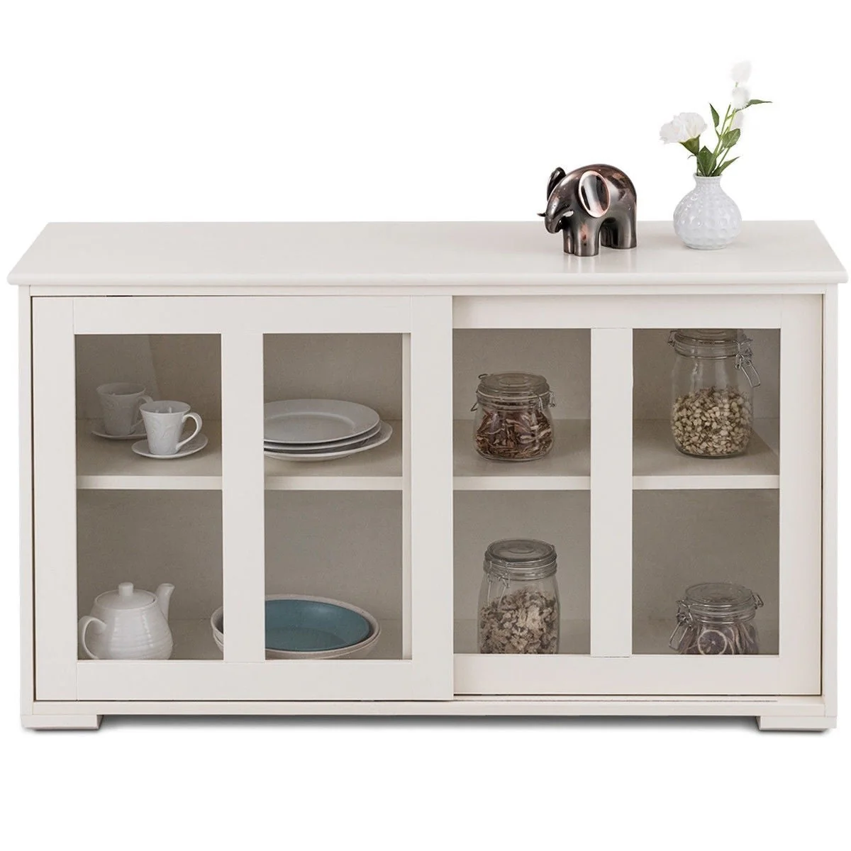 Modern White Wood Buffet Sideboard Cabinet with Glass Sliding Door - Image 3
