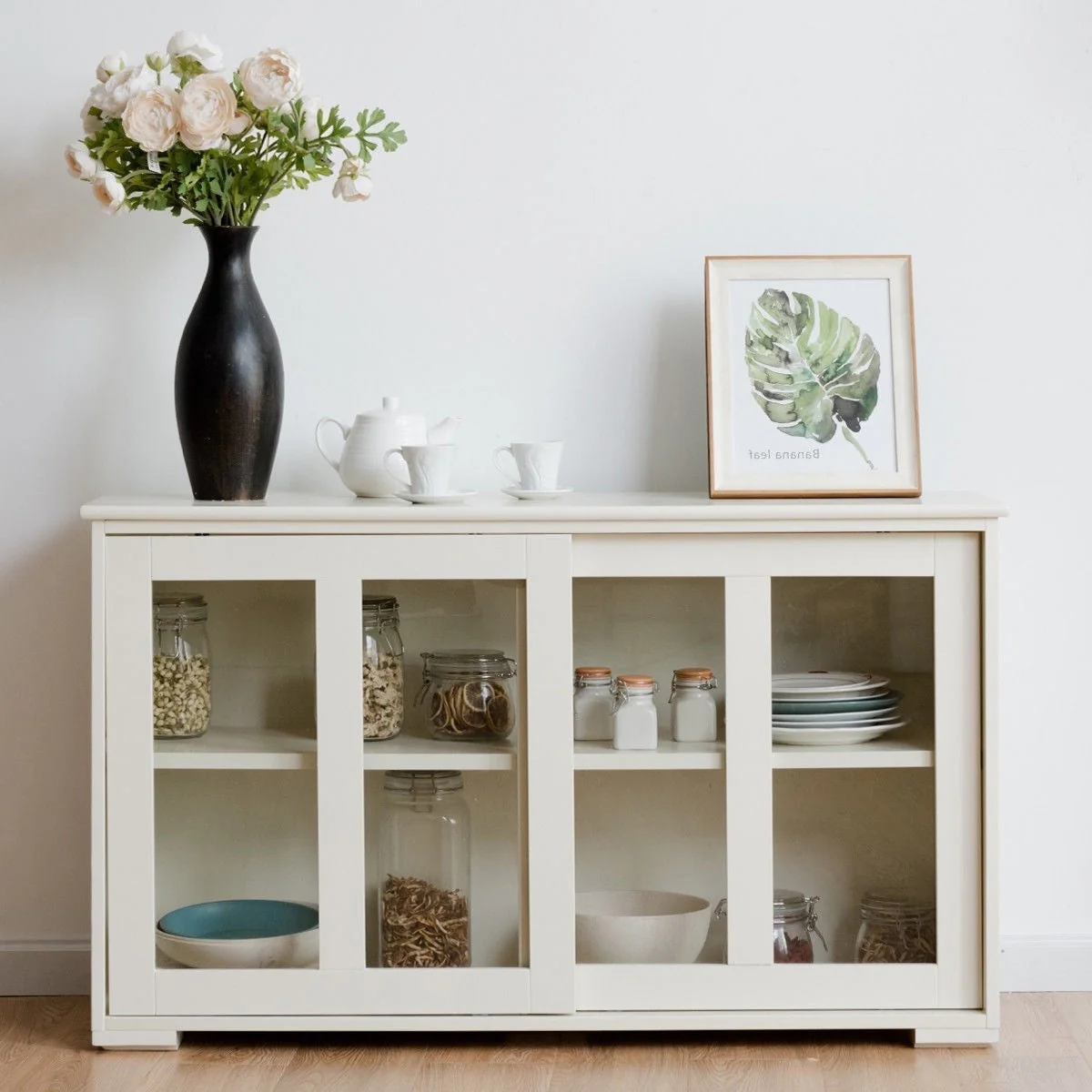 Modern White Wood Buffet Sideboard Cabinet with Glass Sliding Door - Image 4