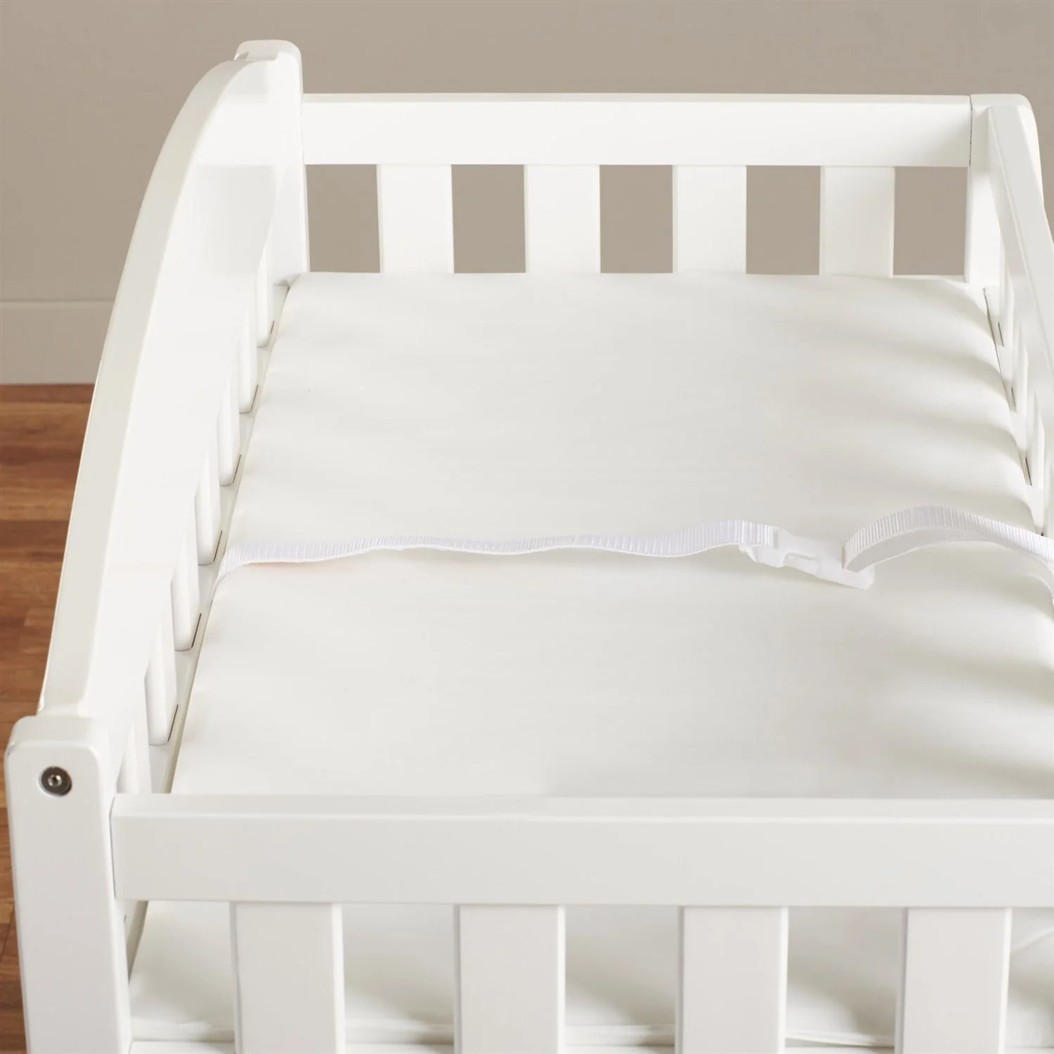 Modern White Wooden Baby Changing Table with Safety Rail Pad and Strap - Image 4