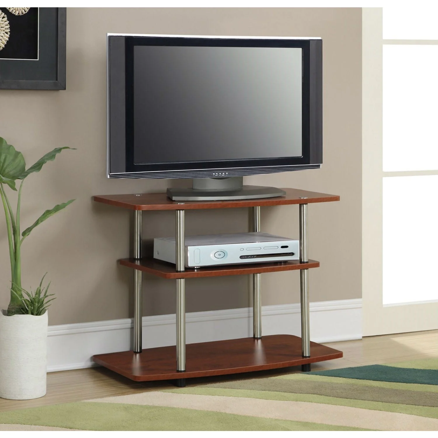 Modern Wood and Metal TV Stand in Cherry Brown Finish - Image 3