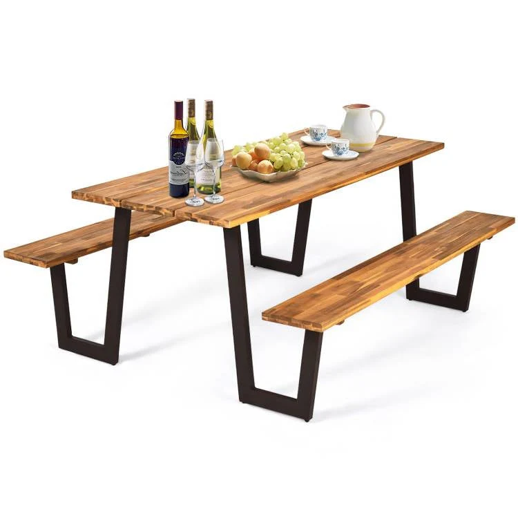 Modern Wooden Picnic Table with 2 Benches Outdoor Patio Dining Set - Image 2