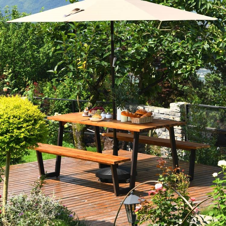 Modern Wooden Picnic Table with 2 Benches Outdoor Patio Dining Set - Image 3