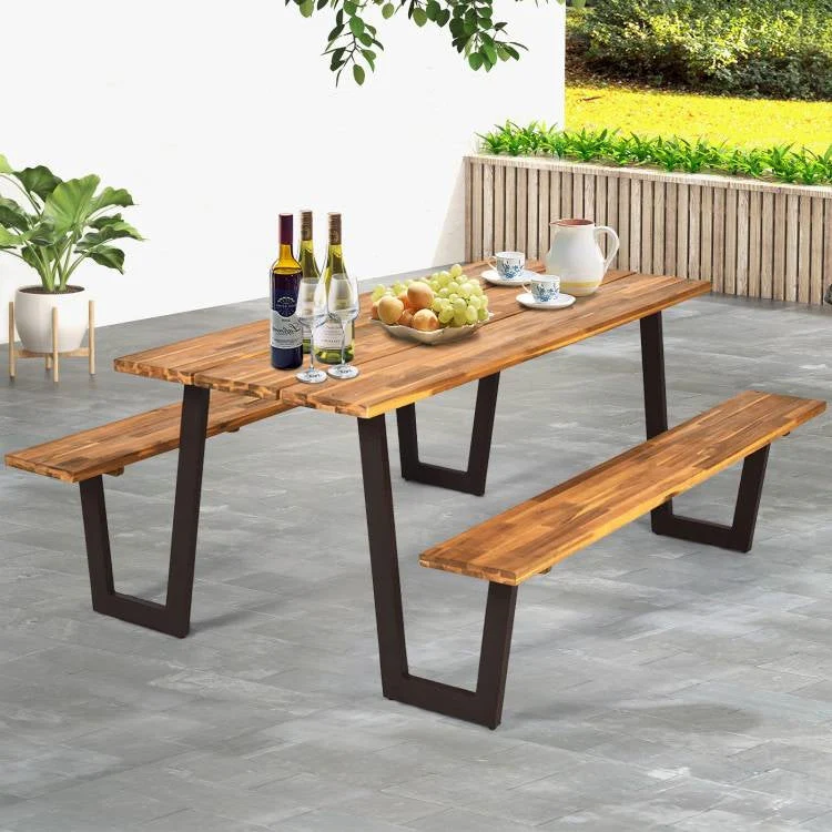 Modern Wooden Picnic Table with 2 Benches Outdoor Patio Dining Set - Image 4