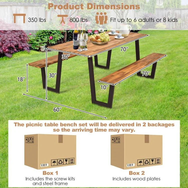 Modern Wooden Picnic Table with 2 Benches Outdoor Patio Dining Set - Image 5